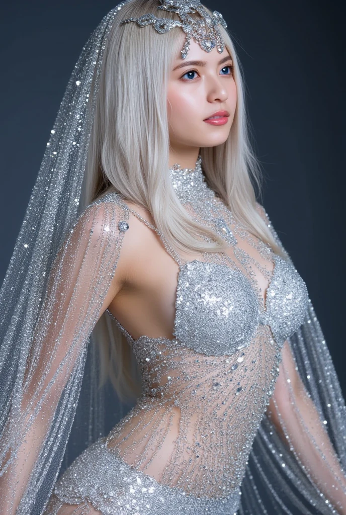 her silver hair flowed down her back with bangs covered the upper part of her face and sapphire blue ..everyone seems shocked to see how beautiful she is...including her flawless skin and her toned body..  Her fingers are slim and elegant for her age. Her palms are soft and...smooth and so...delicate