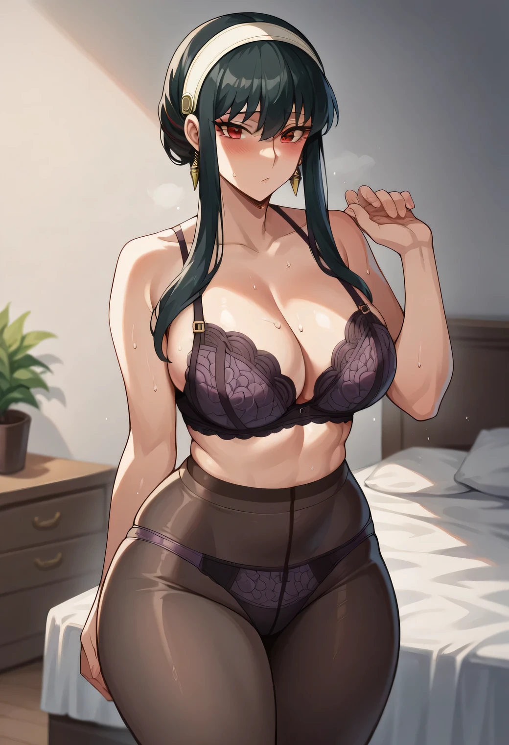 score_9, score_8_up, score_7_up, source_anime, yor briar, black hair, red eyes, earrings, white hairband, hairband, long hair, sidelocks, large breasts, purple lace bra, purple lace panties, pantyhose, bedroom, looking at viewer, sweat, sweaty, sweaty:1.3,, bedroom, standing, arms at side, thick thighs