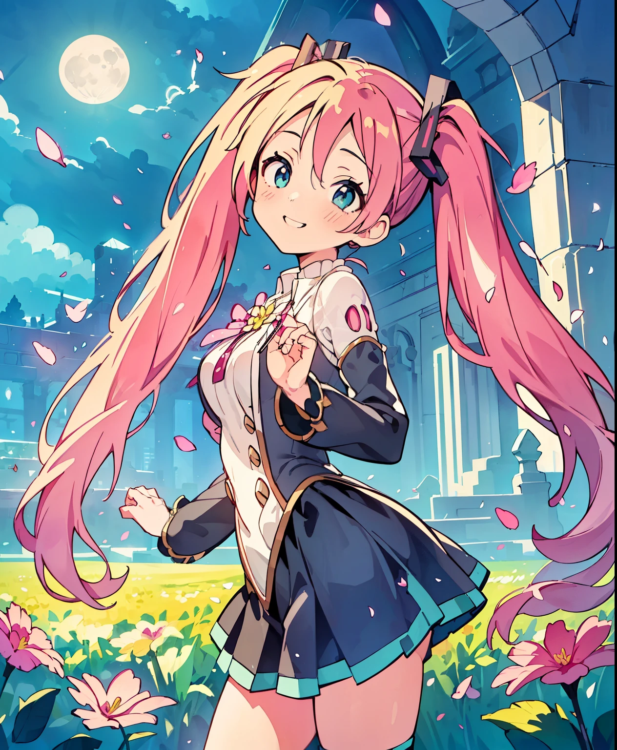 (Masterpiece、 best quality、 best quality、 Official Art、  beautiful and beautiful  :1.2)、( one girl:1.3) Hatsune Miku、 Twin Tails, beautiful breasts, masterpiece,  best quality,  1 girl in the best, ( colorful),( beautiful eyes and exquisite face with great attention to detail),cinematic lighting,Bust, Highly Detailed CG Unity 8K Wallpaper,Alone,smile, Intricate Skirts ,((  flying petal )),(Flower Field) null, cloudy_null, building, moonlight, moon,   knight , ( DARK THEME:1.3), light, Fantasy ,