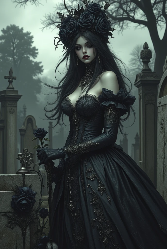 A mysterious dark lady, beautiful detailed eyes,beautiful detailed lips,extremely detailed eyes and face,longeyes,lashes,dark dress,mysterious garden,evil goblins,tombstone,skeletal hand,emerging from ground,best quality,4k,8k,highres,masterpiece:1.2,ultra-detailed,realistic,photorealistic,photo-realistic:1.37,HDR,UHD,studio lighting,ultra-fine painting,sharp focus,physically-based rendering,extreme detail description,professional,vivid colors,bokeh,dark fantasy,dark art,horror