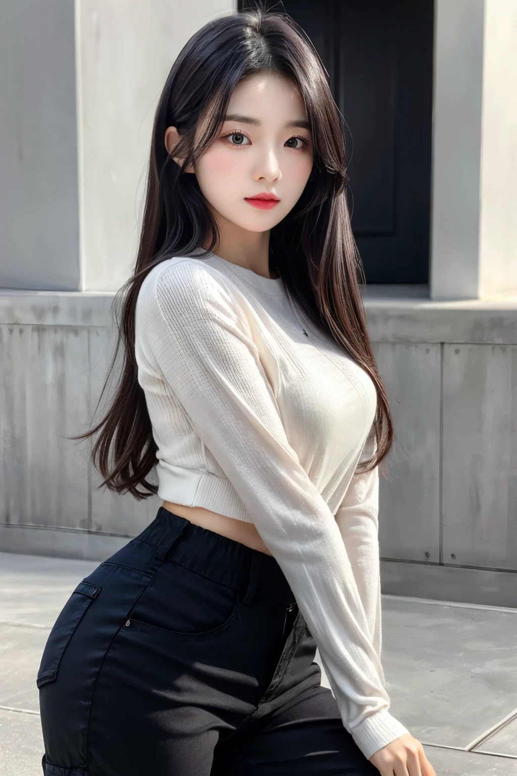 ((Masterpiece, high resolution, ultra detailed, 8k, raw photo, photo-realistic)), 1 girl, graceful, soft skin, delicate face, perfect face, perfect eyes, (lying silkworm), black pink hair colour, long hair, long sleeved t-shirt, cargo pants, ((tight outfit)), random pose, sexy girl
