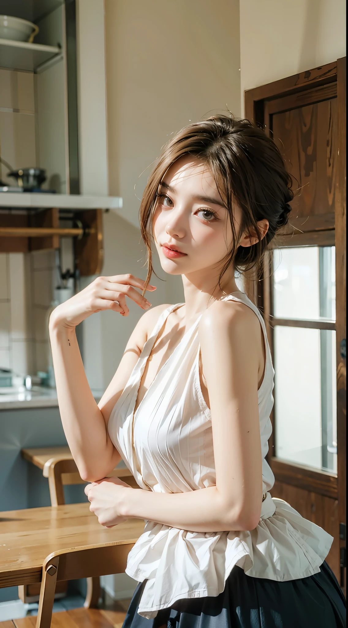(Simple tight-fitting nightgown, Floral Skirt, Very good, Show beautiful thighs:1.5),
((i want to kiss you?, I want to have sex with you?, Flirt with me?:1.2)),
((Excited by my body?, Your penis is getting hard, I was thinking something bad.:1.3)),
((Kiss my neck, Touch my nipples:1.2)),
((Come closer, Touching my chest, I like you:1.3)),
((Sexy vibe, Poke out your lips, Disheveled Hair, Sigh leaks out)),
((Luxury Resort Hotel, Lying in bed making love, Caress the udder, Caressing the crotch, take off your clothes, Showing panties, Please spread your legs a little, Water drops on chest, White wall, Morning light, Bright room:1.5)),
((28 years old, Haruna Kawaguchi, Elegant and beautiful female announcer:1.5)),
((Earrings that match your outfit, Silver Necklace:1.2)),
((Pink nipples, Small areola, Well-groomed pubic hair)),
((Squint your eyes)),
((Pursing your lips:1.2)),
((Blushing:1.2)),
((Small breasts,Flat Chest:1.2)),
Round shoulders, Soft belly, Slim waist, Beautiful feminine hands,
Ultra-detailed lips, Fuller lips, Glossy pink lips, Blushed, White teeth,
Beautiful actress'Dull makeup, Pink lipstick, smokey eye shadow, Eye Foundation,
Dark brown hair, Delicate and soft hair, Hair blowing in the wind,
(Elegantly putting your hair up, short hair, ponytail:1.2),