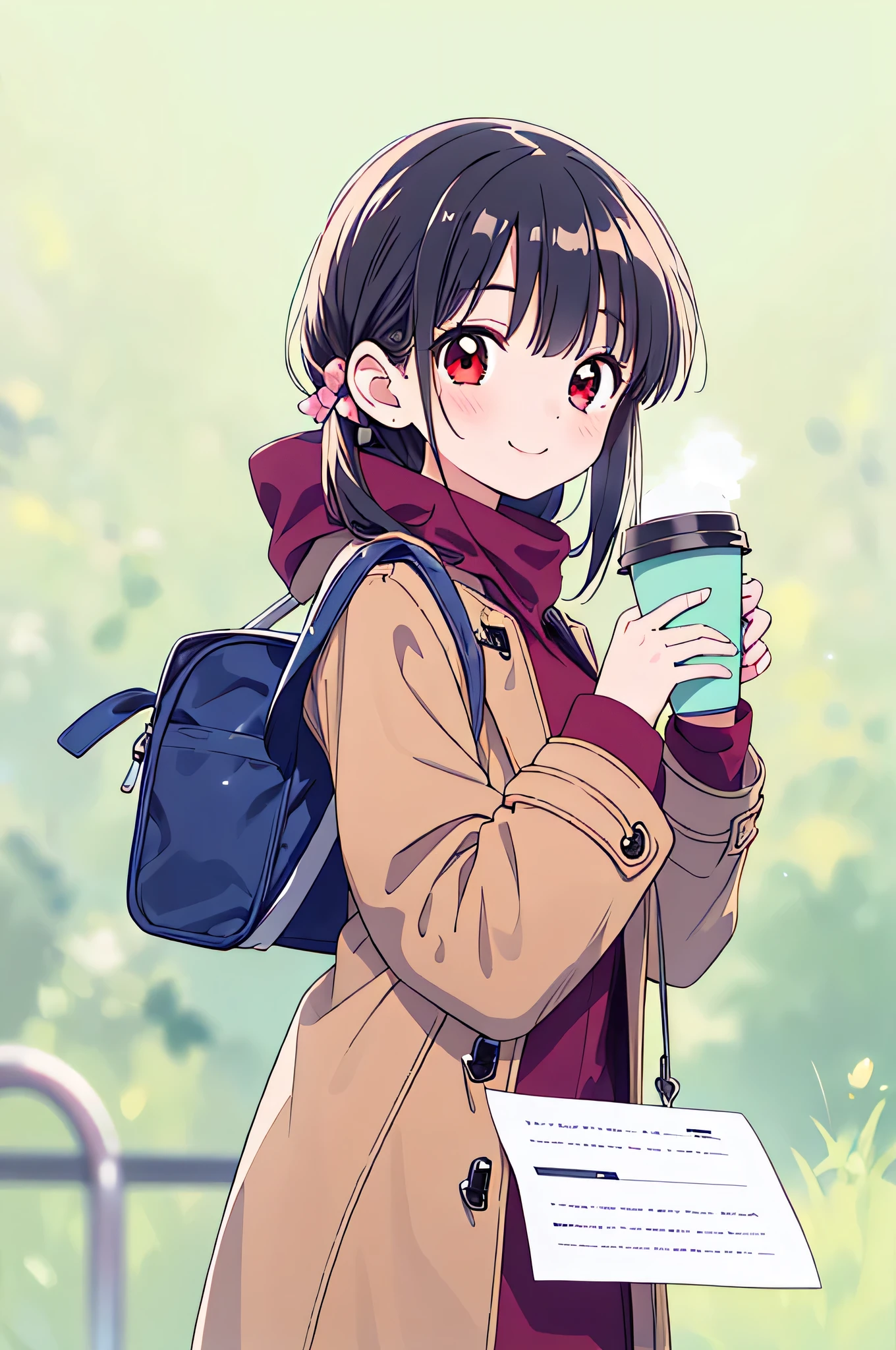 1 girl , Shiny Black Hair , long straight hair with twintales,
cheek bulge for intermediates,
red eyes,( Oblique eyes :1.1),( I have a big bruise under my left eye:0.8),
A perfect smile,
(standing wearing a brown long duffel coat with wrap a white muffler :1.1),(Hold a paper cup of hot coffee with hands:0.9),
(Shooting upper body:1.2),
medium breasts ,
(Plain simple background:1.2),
top quality, High Definition , masterpiece , brightly colored , Natural Look ,
Accurate, Anatomically Accurate,