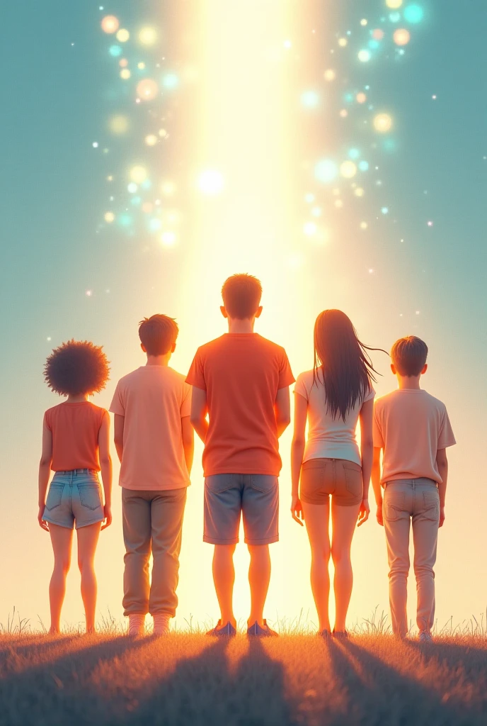 Children of different skin colors at the bottom of the image and a cross shaped light at the top and children looking at the cross in the light background