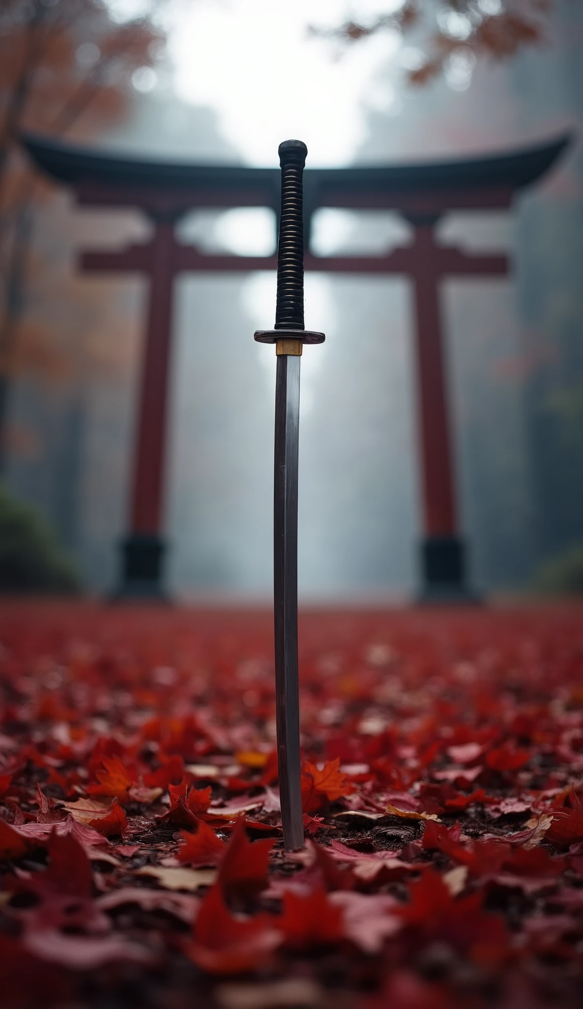 [A katana, standing upright in a bed of crimson autumn leaves, beneath a traditional Japanese torii gate shrouded in mist. The scene is serene yet subtly ominous, conveying a sense of quiet contemplation and hidden power.], [Camera: Medium shot, shallow depth of field; Lens: 50mm; Lighting: Soft, diffused natural light with subtle fog; Colors: Predominantly deep reds and blacks, with muted grays in the background; Effects: Slight grain and atmospheric perspective; Texture: Smooth metal of the katana contrasting with the rough texture of the leaves; Background: Blurred torii gate and misty forest; Rendering: High detail, realistic materials.]