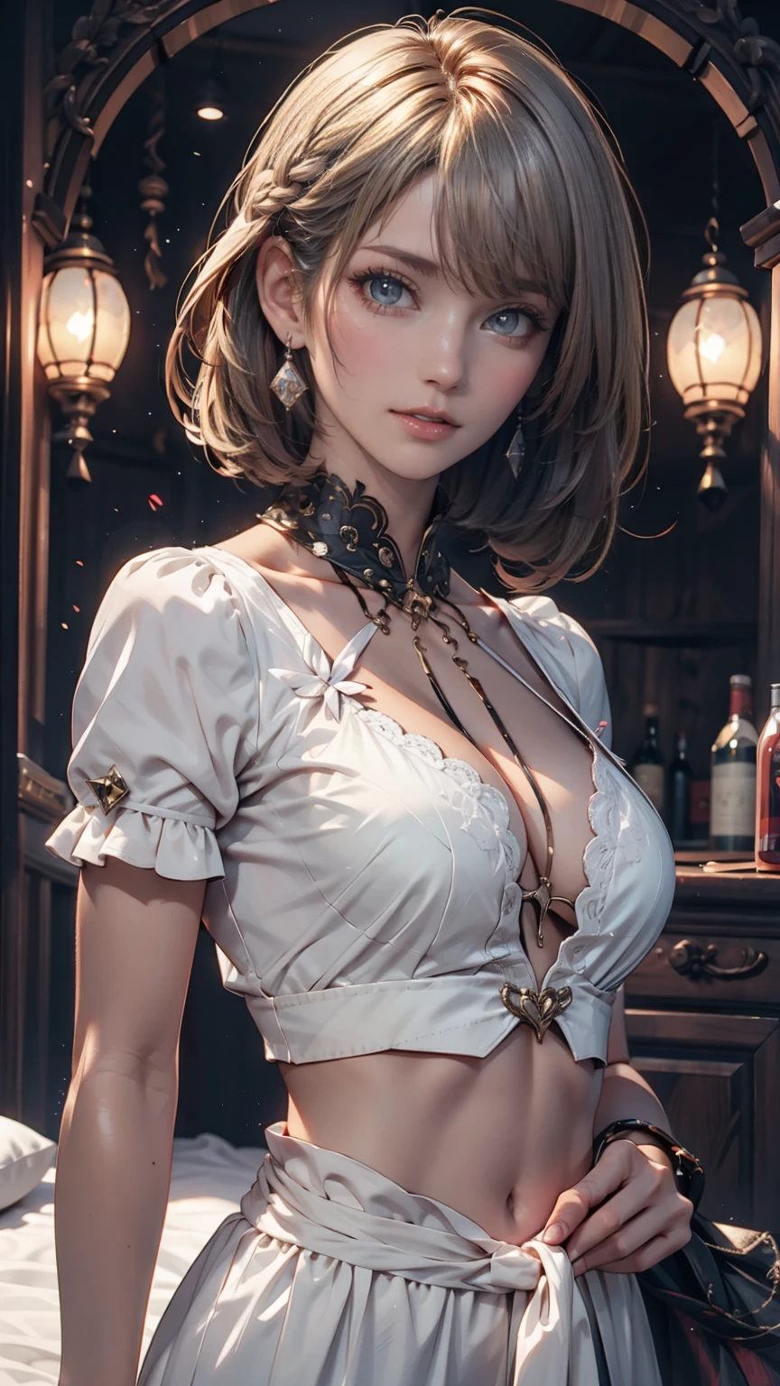 24-year-old female、Blonde、Pixie Cut Hair((pixie cut))、Lace choker、necklace、Oval Neck((oval neck))Tops、Sheer Aladdin pants((aladdin pantules、Silver accessories on the wrist、Manicure、Peticure