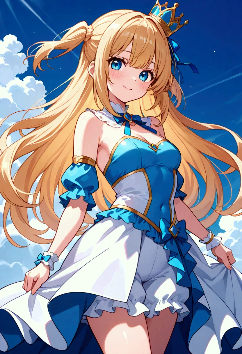 Mecha Wings、White and blue skirt、Accentuated thighs、White tights、chest、Beautiful golden hair、1 girl、solo girl、Thick thighs、IS、Frame Arms Girl、Alice Gere Aegis、White Armor、Blue and purple lines、income、headphone、hand on own chest、smile
