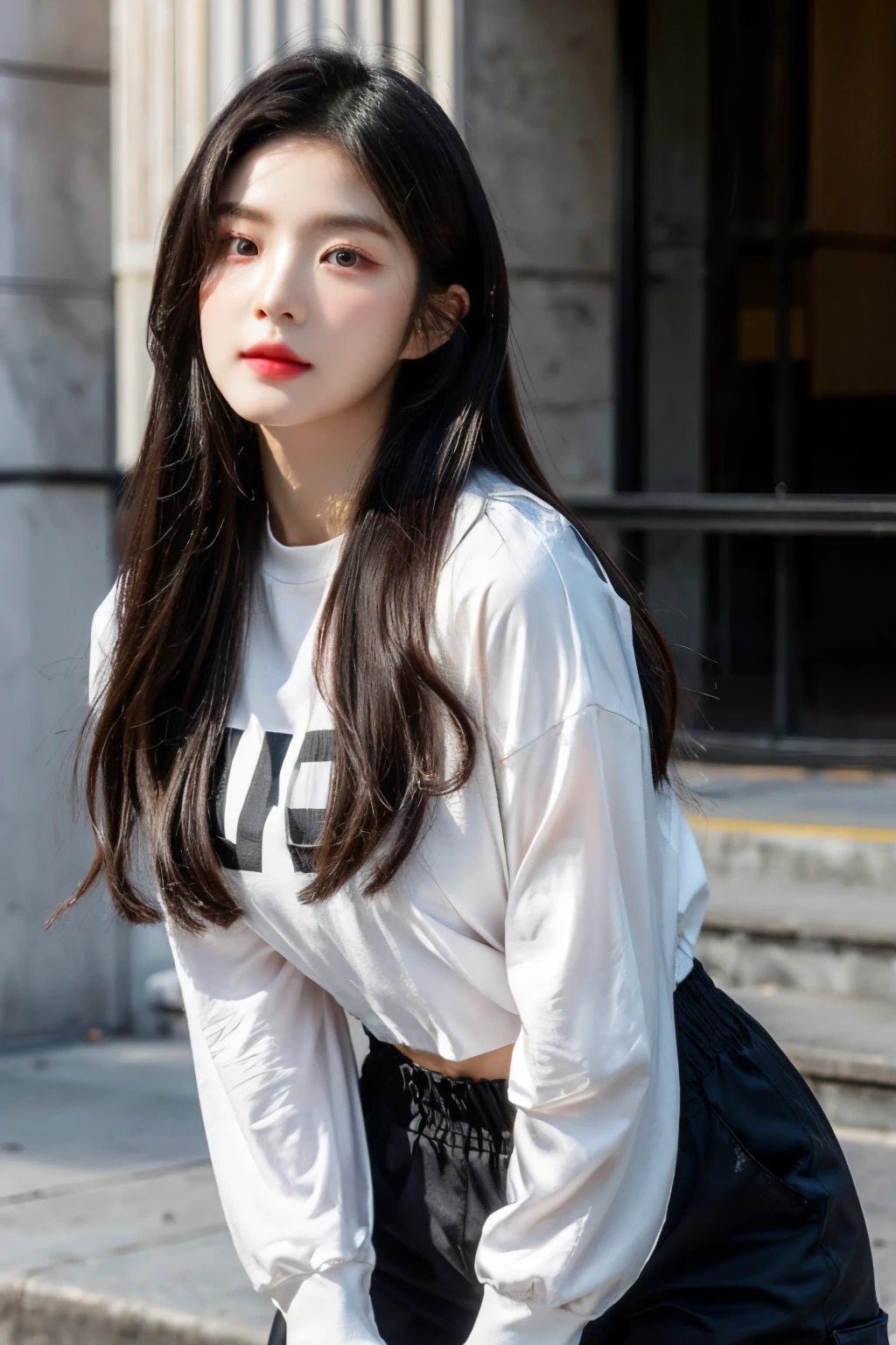 ((Masterpiece, high resolution, ultra detailed, 8k, raw photo, photo-realistic)), 1 girl, graceful, soft skin, delicate face, perfect face, perfect eyes, (lying silkworm), black pink hair colour, long hair, long sleeved t-shirt, cargo pants, ((tight outfit)), random pose, sexy girl