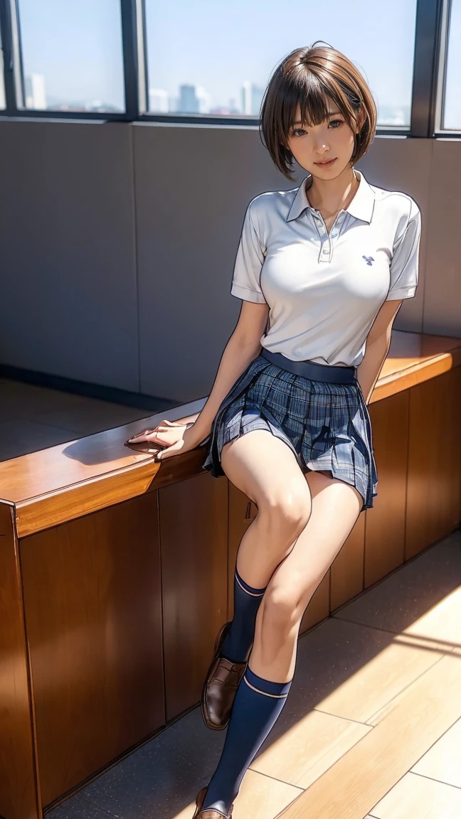 (masterpiece:1.3, Highest quality, Ultra-high resolution, Very detailed), (Realistic:1.1, photoRealistic:1.4), Beautiful illustrations, Perfect lighting, colorful, Written boundary depth, Beautiful detailsまでこだわった髪, Beautifully detailed face, Beautiful details, Beautiful clavicle, Beautiful body, Beautiful breasts, Beautiful thighs, Beautiful legs, Beautiful fingers, View your audience, 1 Girl, Japanese, high school girl, Perfect Face, (Perfect Anatomy, Anatomically correct), Cute and symmetrical face, Baby Face, Sunburn, Shiny skin, (Mid-length hair:1.5, bob hair:1.2, blonde), Asymmetrical bangs, blue eyes, Long eyelashes, (Medium Chest), thin, ((Collared short-sleeved shirt, Light blue shirt, , Grey plaid pleated skirt, To the Navy)), No pants, (Beautiful views), evening, (Outdoor, distant cityscape), Are standing, (peace sign), (Cute Smile, 鬠红、Upward glance, Open your mouth), sitting, open legs, pussy, ((pubic hair, pissing)), from below,