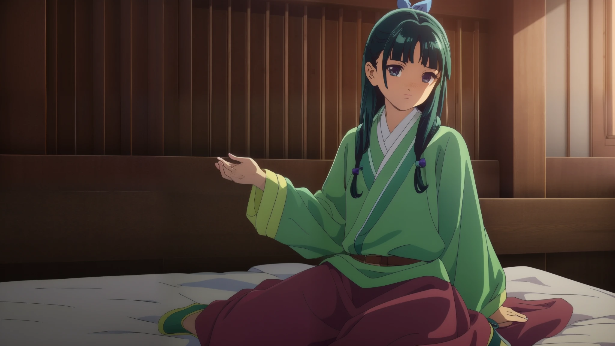 cowboy shooting, put his hand on his lower back,
Mao Mao, 1 girl in the best,blunt bangs, green hair, long hair,blue eyes,Alone,
Gombe Green, Side Lock, twin blade , shoulders with chocolate, hair ornament, half up, Single Hair Bang , hair bow, blue ribbon ,Freckles,Hanfu,green Japanese clothes , long sleeve , wide sleeve , purple skirt, long skirt ,shoes, exquisite visuals, high resolution,masterpiece,Highest quality,, 18 years old, young woman, beautiful指, beautifulロングレッグ, beautiful体, beautiful鼻, beautifulキャラクターデザイン, perfect eye, perfect face, expressive eyes,
Official Art, Extremely High Definition CG Unity 8k Wallpaper , perfect lighting, colorful, BRIGHT_Front _face_Lighting, Shiny Skin,
(masterpiece:1.0),(Highest_quality:1.0), 超 high resolution,4K, more details,
for a photo shoot, 8k, high resolution, high resolution, is ridiculous:1.2, Kodak Portra 400, film grain , blurry background, Bokeh:1.2, lens flare, ( vibrant_color:1.2), ( beautiful_face:1.5),(Narrow _ waist), ,nsfw,、 sits on the bed、Masterpiece、Highestquality、 Detailed Help 、 cute anime 、 illustration of a train、 high resolution, attention to detail, 超 high resolution, very detailed, Little Curvy Girl , , super realistic girl、子供underwear , low angle、 Plane、 full body view、気持ちよさそうなface、、underwear、 disheveled clothes、perfect body、 low angle、股間の隙間からunderwearが見える