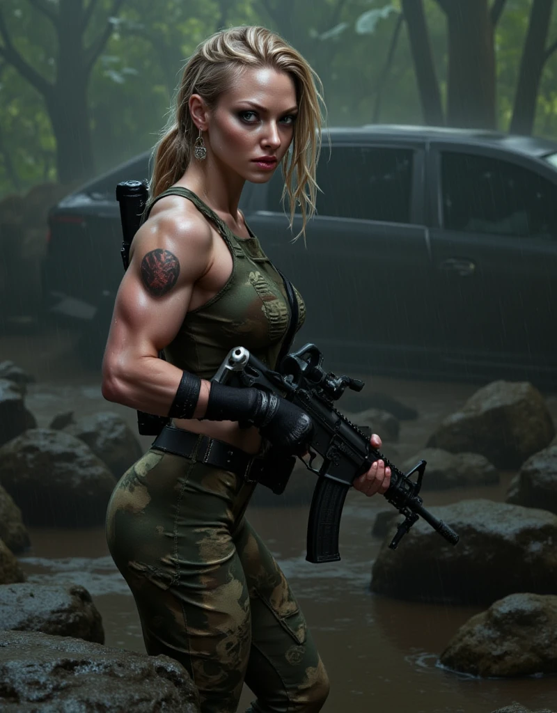 swedish, blond with ponytail, beautiful military girl running in a ruined battlefield , in bra and shorts, with a big breast, muscular abs and arms and legs, ready to fight with a gun,with male soldiers chasing her, full body