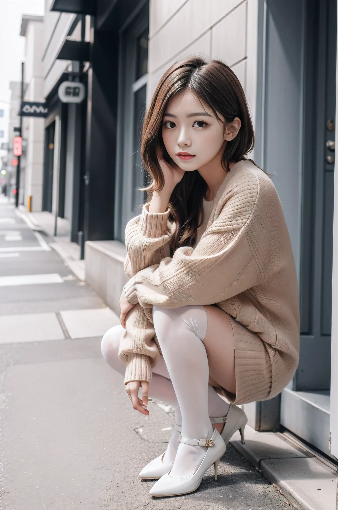 A swedish, American, german, young woman, 20yo, downtown, in large metropolis, collared shirt, sweater, pleated skirt, chuck taylor shoes, smirk ((heavy gaussian blur)), ((soft lighting)), (((extremely hazy:1.2))),, (extremely bright), (dreamy atmosphere), bright vivid colors, (blushing:1.2), sitting on a sofa