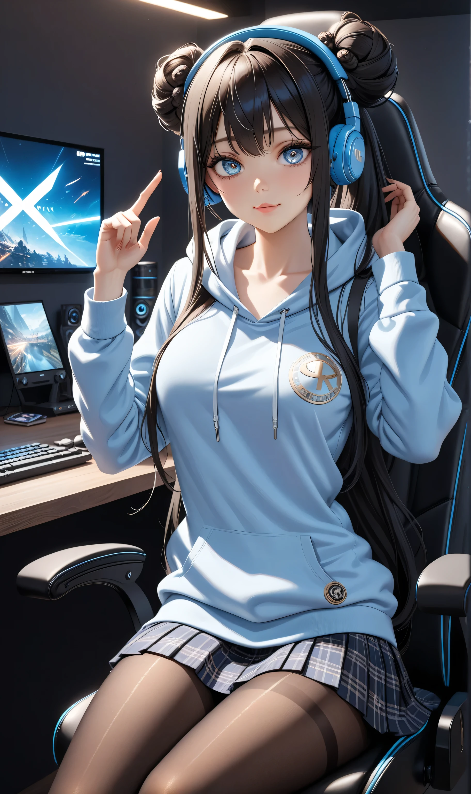Upper body, Random pose, ((Ultra detailing)), (very aesthetic, best quality, ultra detailed), intricate details, 1girl, Black hair, silver eyes twin bun hair, ,((Detailed eyes)), ((Beautifull eyes)), ((prefect eyes)), long hair, ponytail, , Medium breasts, Licking her lips, ,(wearing Hoodie, Headphone, skirt, pantyhose) Sit on gaming chair, Gaming room