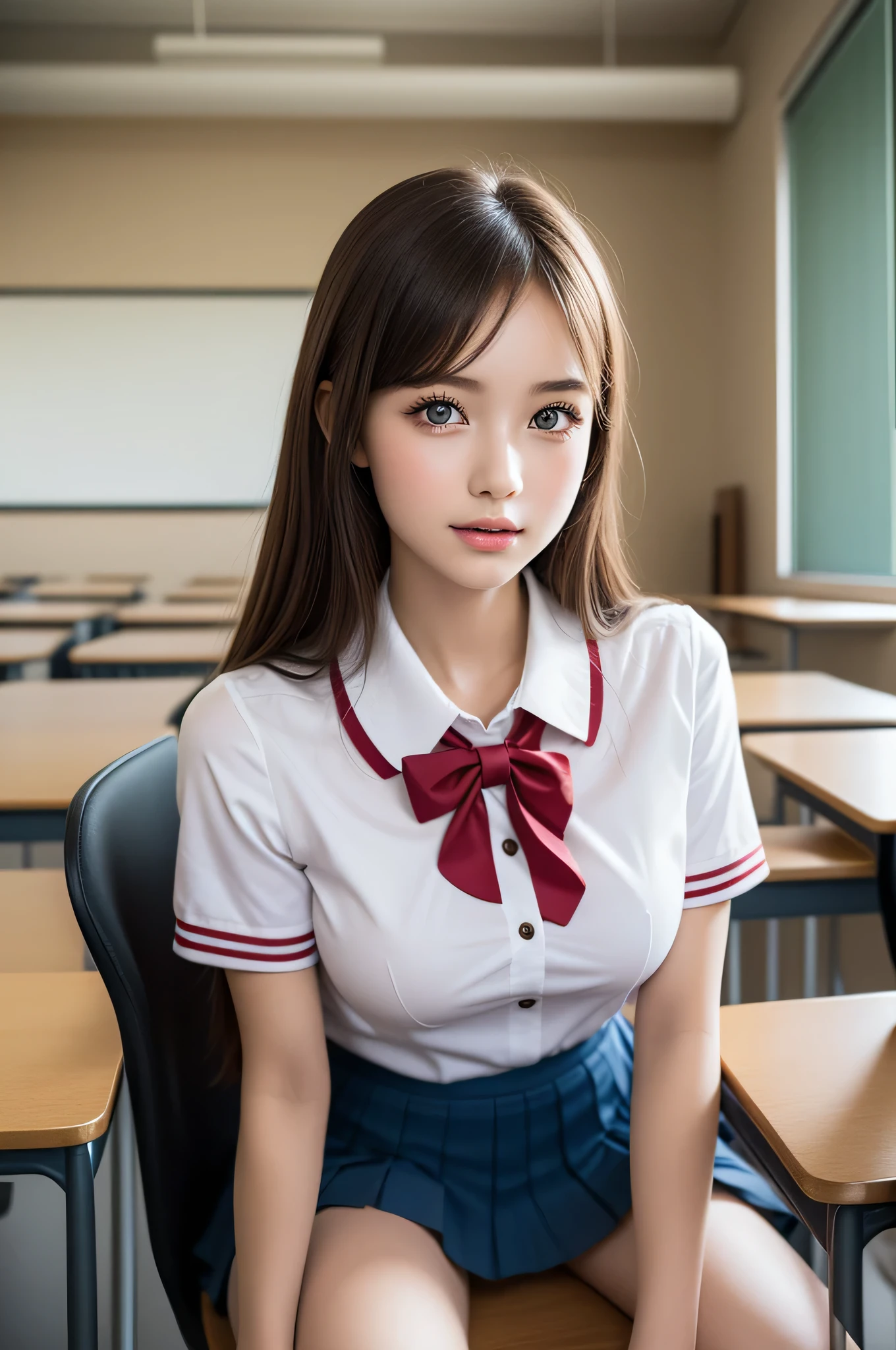(8K, Highest quality, Pieces fly:1.2)、Ultra-high resolution、anime,1 very pretty girl,Asuka Langley,Highly detailed face, Fine grain,blue eyes,,White sailor collar plain short sleeve shirt,Light blue skirt,Light Blue Suspenders,uniform_Red ribbon,Orange Hair,Long Hair、Detailed hand and fingers,put your hands in your hair,Grin、sitting on desk,Shooting from above,classroom