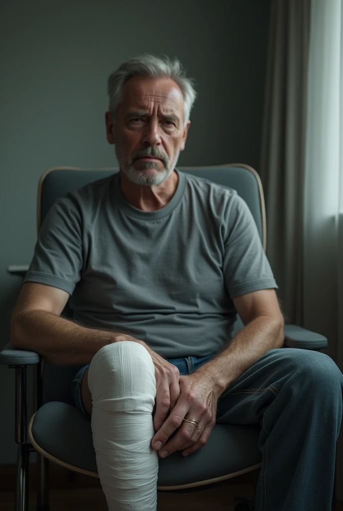 RAW photo, full body, 55-year-old man, wrinkles, casual t-shirt, sitting on the guest sofa, looking at the viewer, wearing cream shoes, straight forward position, in front of the viewpoint,