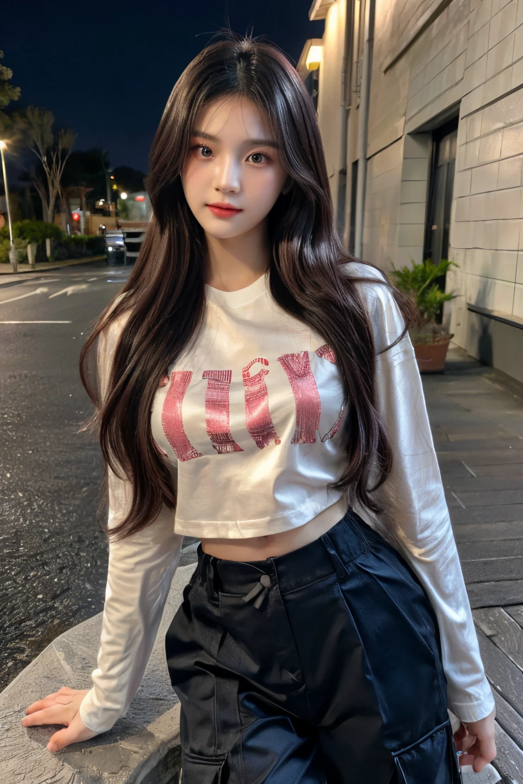 ((Masterpiece, high resolution, ultra detailed, 8k, raw photo, photo-realistic)), 1 girl, graceful, soft skin, delicate face, perfect face, perfect eyes, (lying silkworm), black pink hair colour, long hair, long sleeved t-shirt, cargo pants, ((tight outfit)), random pose, sexy girl