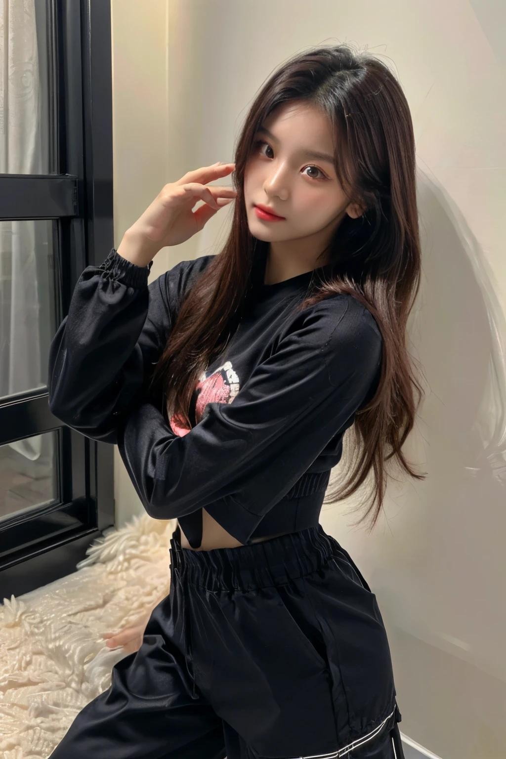 ((Masterpiece, high resolution, ultra detailed, 8k, raw photo, photo-realistic)), 1 girl, graceful, soft skin, delicate face, perfect face, perfect eyes, (lying silkworm), black pink hair colour, long hair, long sleeved t-shirt, cargo pants, ((tight outfit)), random pose, sexy girl
