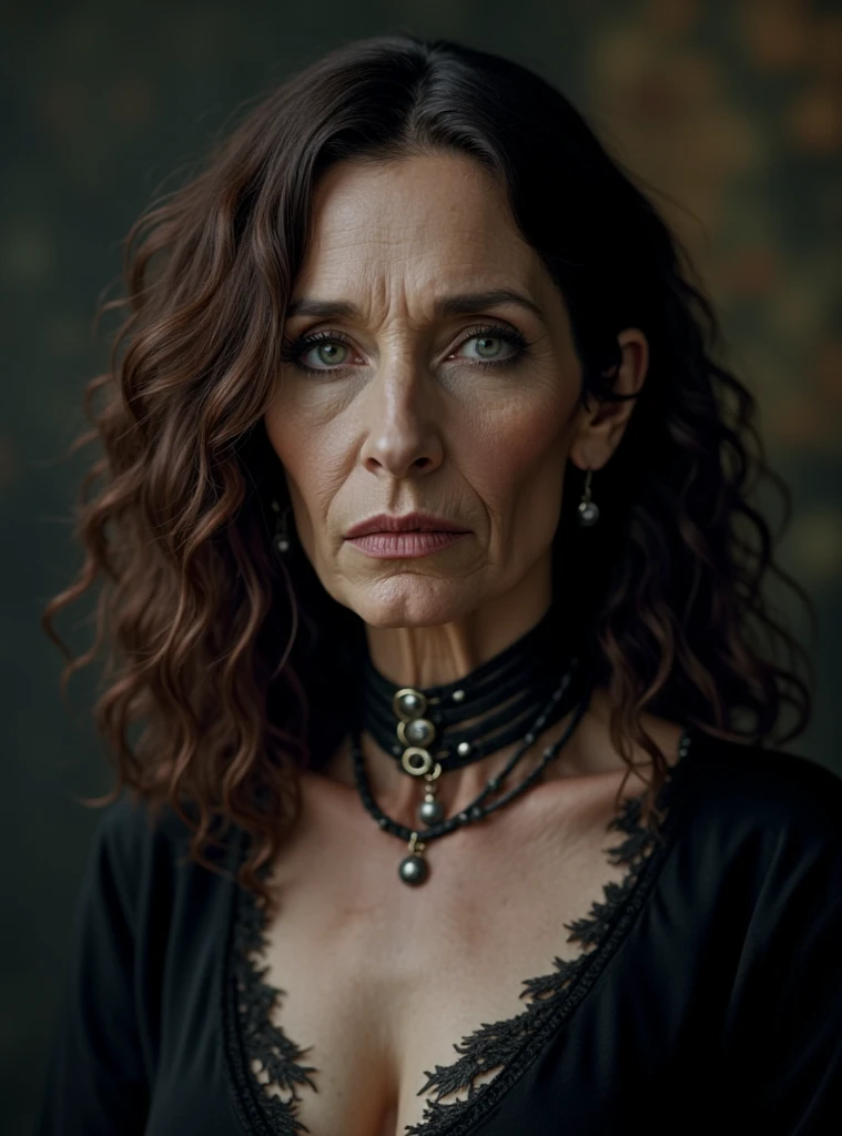 old_hulya_avsar, with blue hair wearing a green dress and earrings, with a dark background and a blue smoke, by Franois Quesnel
<lora:hulya_avsar-000011:0.7>