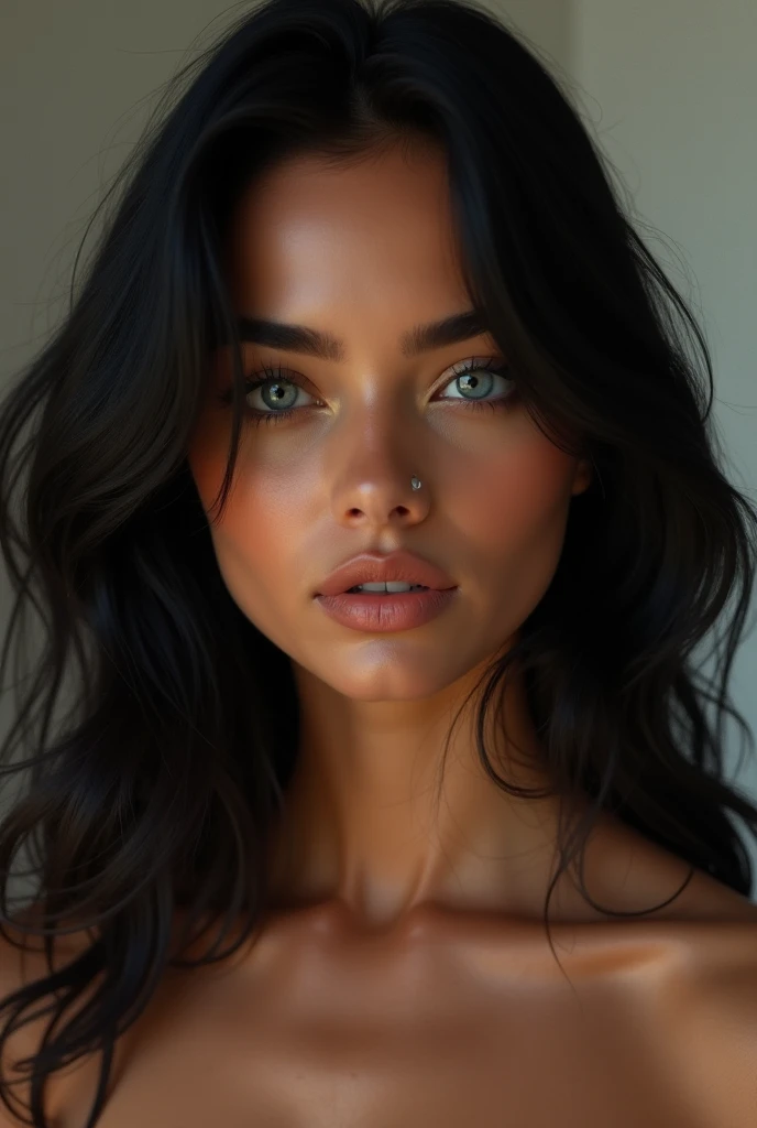 Black and Vietnamese mixed-race naked woman with turquoise eyes and fake boobs. And very Curly hair with freckles. And heterochromia
