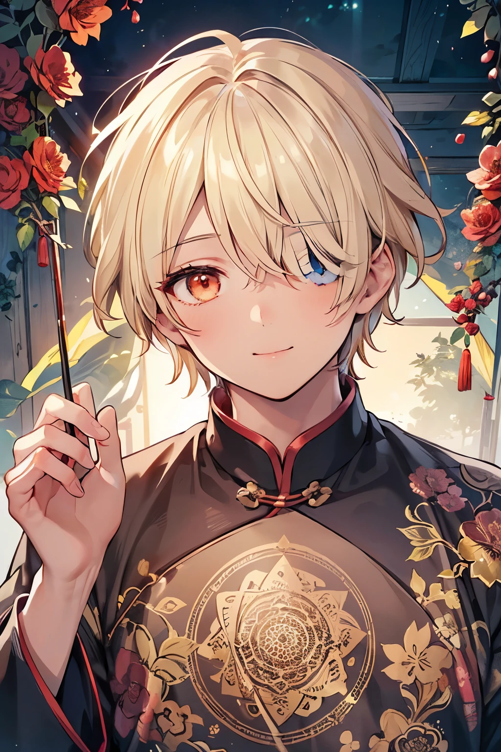 ((1-boy :1.5)),Official Art, wallpaper,(((Very detailedな目と顔))), shut up., masterpiece, highest quality, Realistic portraits, (tangled, Mandala, Tangle, EnTangle), Complex clothing,Dynamic Angle, The most beautiful form of chaos, elegant, Brutalist Design, Vibrant colors, Romantic Chinese Flowers,((dark skin body:1.1)),smile,(upper body),(blonde hair:1.1),( one eye is hidden by hair:1.5)