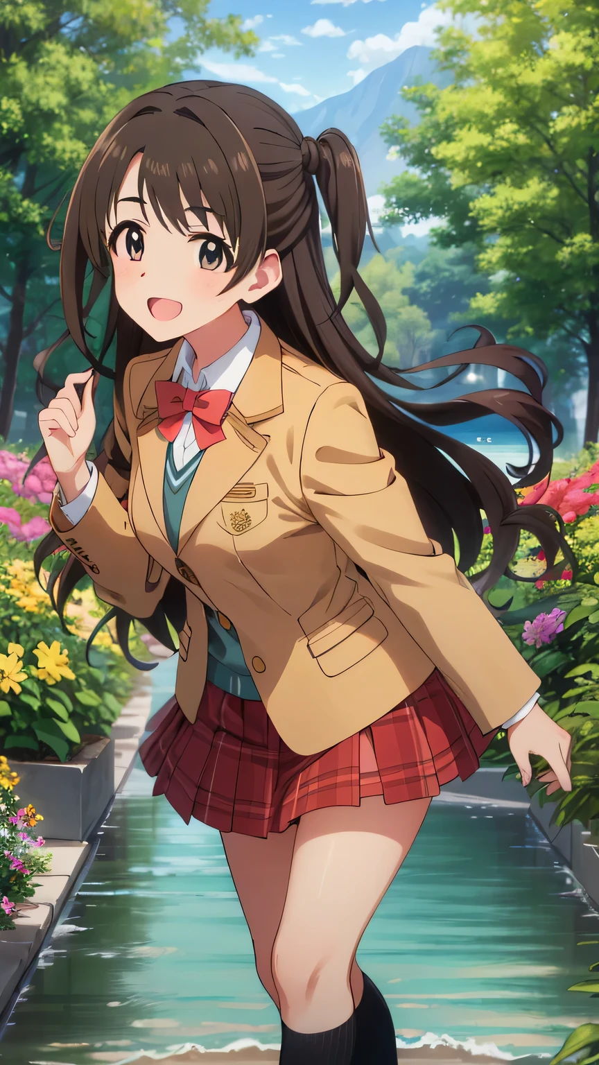 {{{masterpiece}}}, (best quality:1.5), (ultra-detailed:1.5), {illustration}, {{an extremely delicate and beautiful}}, (beautiful detailed eyes:1.6), absurdres, highres, extremely detailed face, 16k, hd, visual anime de uma jovem mulher, extremamente bonito rosto de anime, anime melhor garota, (perfect hands, perfect anatomy), anime face, uzuki shimamura(iDOLM@STER Cinderella Girls), 1girl, solo, cute face, long hair, brown hair, braid, (one side up:1.8), wavy hair, bangs, swept bangs, sidelocks, flushed cheeks, brown eyes, (High resolution eyes, Beautiful eyes, Light in the eyes), medium breasts, big hips, curvaceous, BREAK, {school uniform}, blazer, brown blazer, long sleeve, (close jacket:1.3), white shirt, collared shirt, pink bowtie, red skirt, mini skirt, pleated skirt, plaid skirt, white kneehighs, brown loafers, BREAK, cute face, open mouth, smiling, standing on the lake, outdoor, mountain, forest, flower garden, praying, mysterious