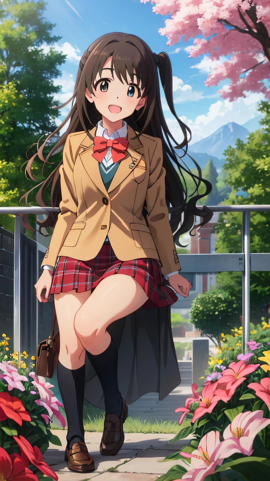 {{{masterpiece}}}, (best quality:1.5), (ultra-detailed:1.5), {illustration}, {{an extremely delicate and beautiful}}, (beautiful detailed eyes:1.6), absurdres, highres, extremely detailed face, 16k, hd, visual anime de uma jovem mulher, extremamente bonito rosto de anime, anime melhor garota, (perfect hands, perfect anatomy), anime face, uzuki shimamura(iDOLM@STER Cinderella Girls), 1girl, solo, cute face, long hair, brown hair, braid, (one side up:1.8), wavy hair, bangs, swept bangs, sidelocks, flushed cheeks, brown eyes, (High resolution eyes, Beautiful eyes, Light in the eyes), medium breasts, big hips, curvaceous, BREAK, {school uniform}, blazer, brown blazer, long sleeve, (close jacket:1.4), white shirt, collared shirt, pink bowtie, red skirt, mini skirt, pleated skirt, plaid skirt, (white kneehighs:1.2), brown loafers, BREAK, cute face, open mouth, smiling, standing, lake, from above, outdoor, mountain, forest, flower garden, praying, mysterious