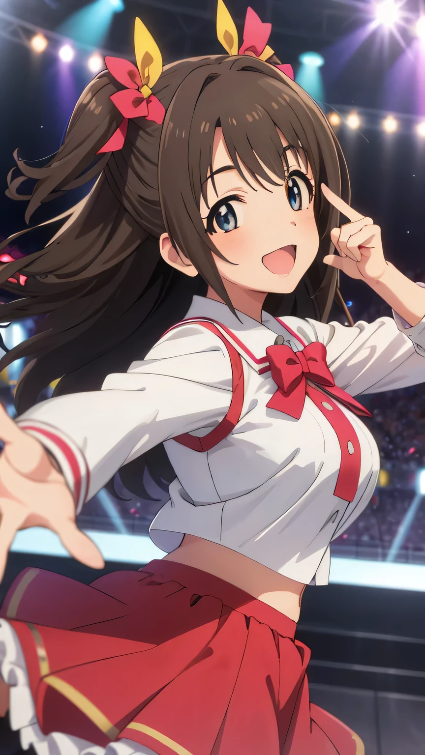 {{{masterpiece}}}, (best quality:1.5), (ultra-detailed:1.5), {illustration}, {{an extremely delicate and beautiful}}, (beautiful detailed eyes:1.6), absurdres, highres, extremely detailed face, 16k, hd, visual anime de uma jovem mulher, extremamente bonito rosto de anime, anime melhor garota, (perfect hands, perfect anatomy), anime face, uzuki shimamura(iDOLM@STER Cinderella Girls), 1girl, solo, cute face, long hair, brown hair, braid, (one side up:1.8), wavy hair, bangs, swept bangs, sidelocks, flushed cheeks, brown eyes, (High resolution eyes, Beautiful eyes, Light in the eyes), medium breasts, big hips, curvaceous, BREAK, idol costume, BREAK, pointing, pointing at viewer, 1girl, solo, smile, open mouth, one eye closed, pointing, microphone, dancing, jumping, sing, singing, joyful, cute pose, dynamic pose, dynamic angle, indoor, stage, on stage, audience, fluttering skirt
