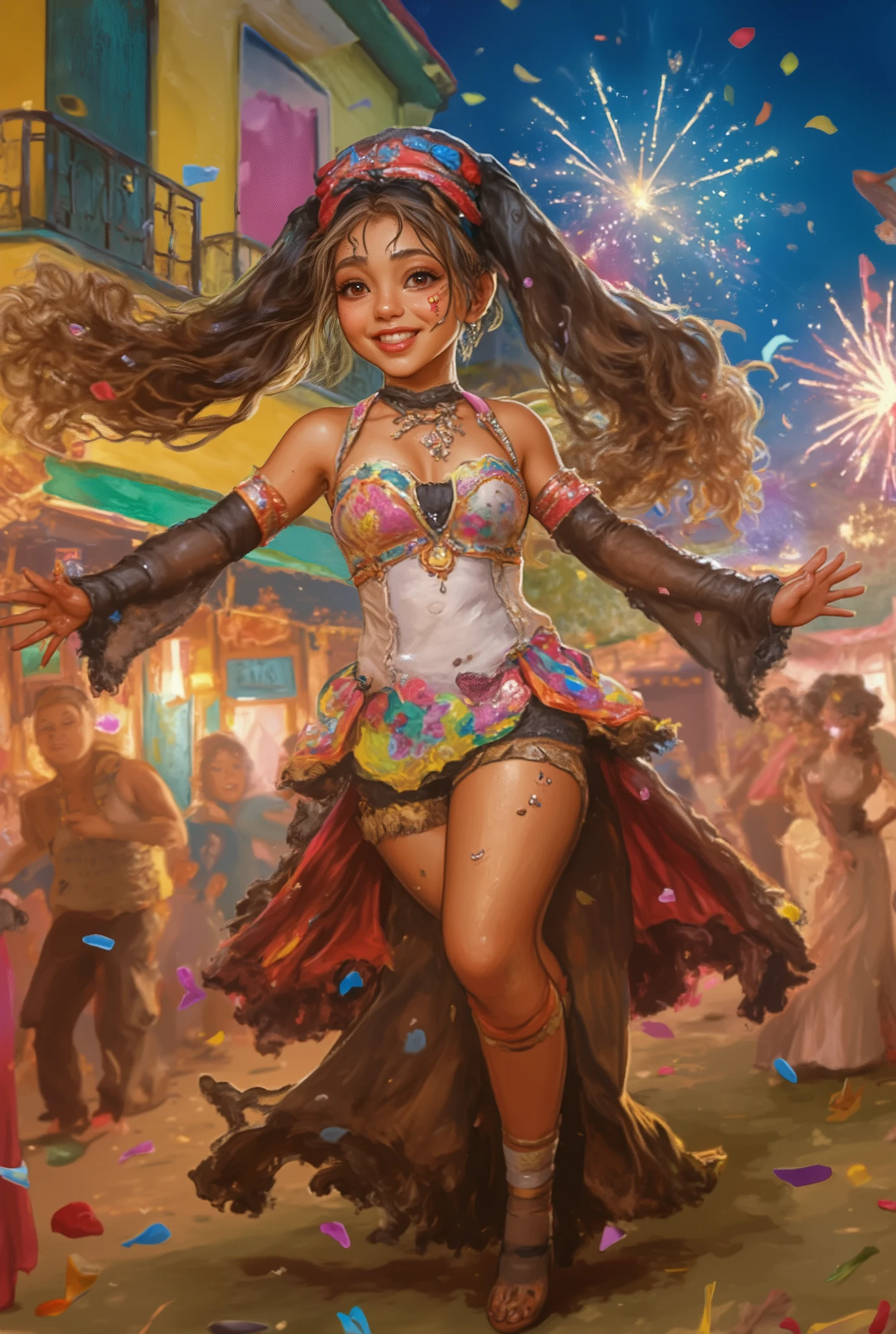 (masterpiece, high resolution, colorful:1.4), joyful crowd, (elaborate costumes:1.3), (feathered headdresses:1.1), dancing parade, (energetic music:1.2), confetti-filled streets, lively atmosphere, (decorative floats:1.1), (bustling market stalls:1.2), (delicious street food:1.1), smiling faces, (balloons:1.3), cheerful balloons, (festive decorations:1.1), (bright lights:1.3), dynamic angle, (flying streamers:1.2), vibrant colors, (dazzling fireworks:1.3), exuberant celebration, (samba dancers:1.2), rhythmic movements.