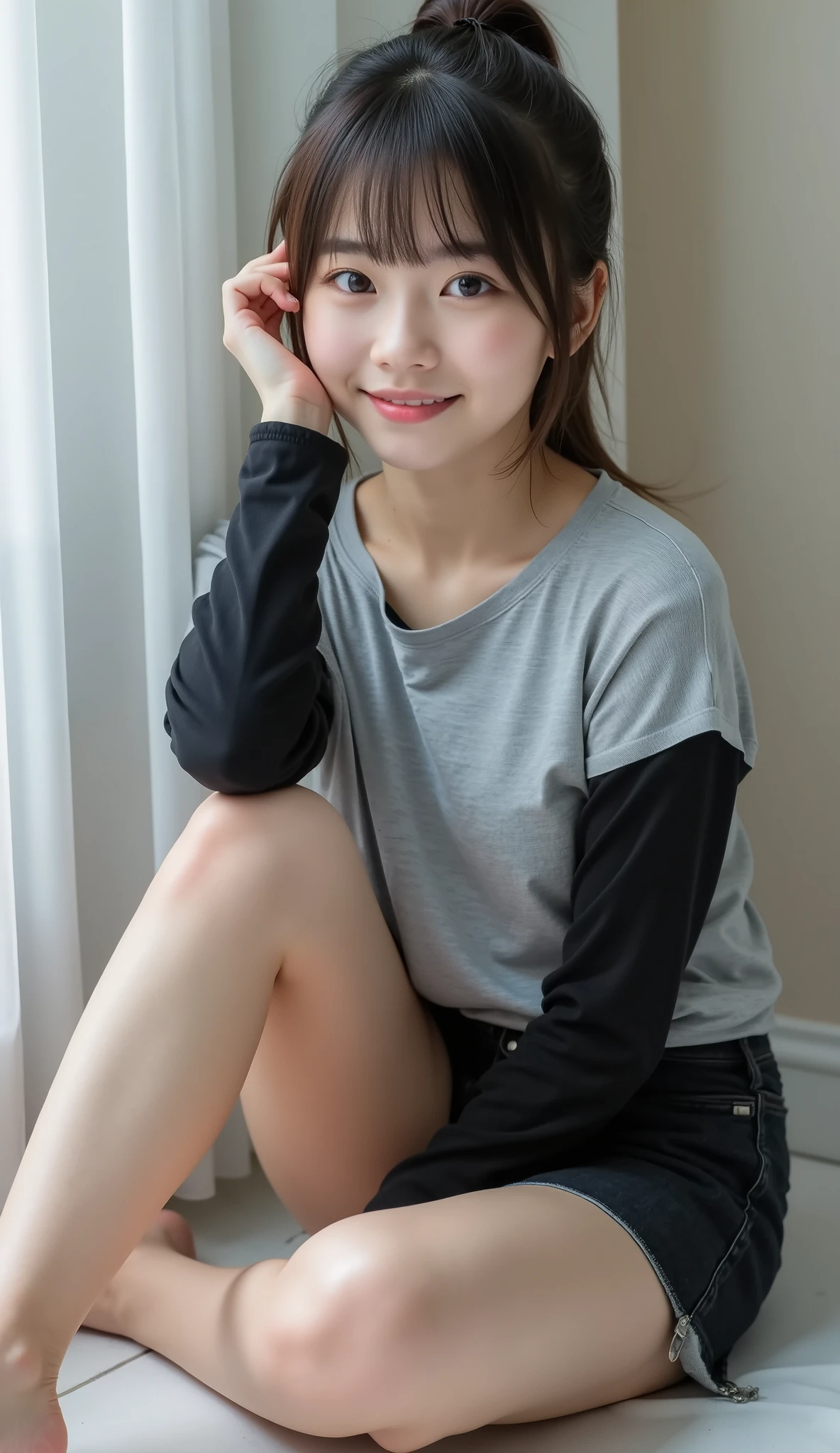 portrait photo ,masterpiece, nsfw,8k,full body shot,
( 1 girl, slender body, small breasts, Wide pelvis, tiny ass, thighs are short thick and curvy ),sitting sensual posing on floor with arm up,bare feet, focus on thighs,
(yo Japanese girl, 152_Height cm , blue-white skin)
black hair, (( Highlight Hair , honey brown streak hair )), short straight ponytail with bangs,(Young Face, Round face, droopy eyes , hazel eyes,Looks affectionate ), wearing a long sleeve tight t-shirt 、Sleeves are black 、Body is gray ,Black denim mini skirt,85mm, Official AR RAW Photos ,( is present, ultra detail), best quality,Chromatic aberration anatomically accurate , Textured Skin