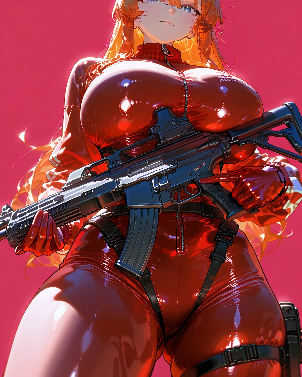 Eine knallharte, Muscular 21-year-old woman in tiny matte red doom naval armor with big breasts and a gigantic futuristic rifle, Gang durch den Flur einer futuristischen Raumstation, feuer, shooting, explosionen, Aktion, rennen, shooting, shooting