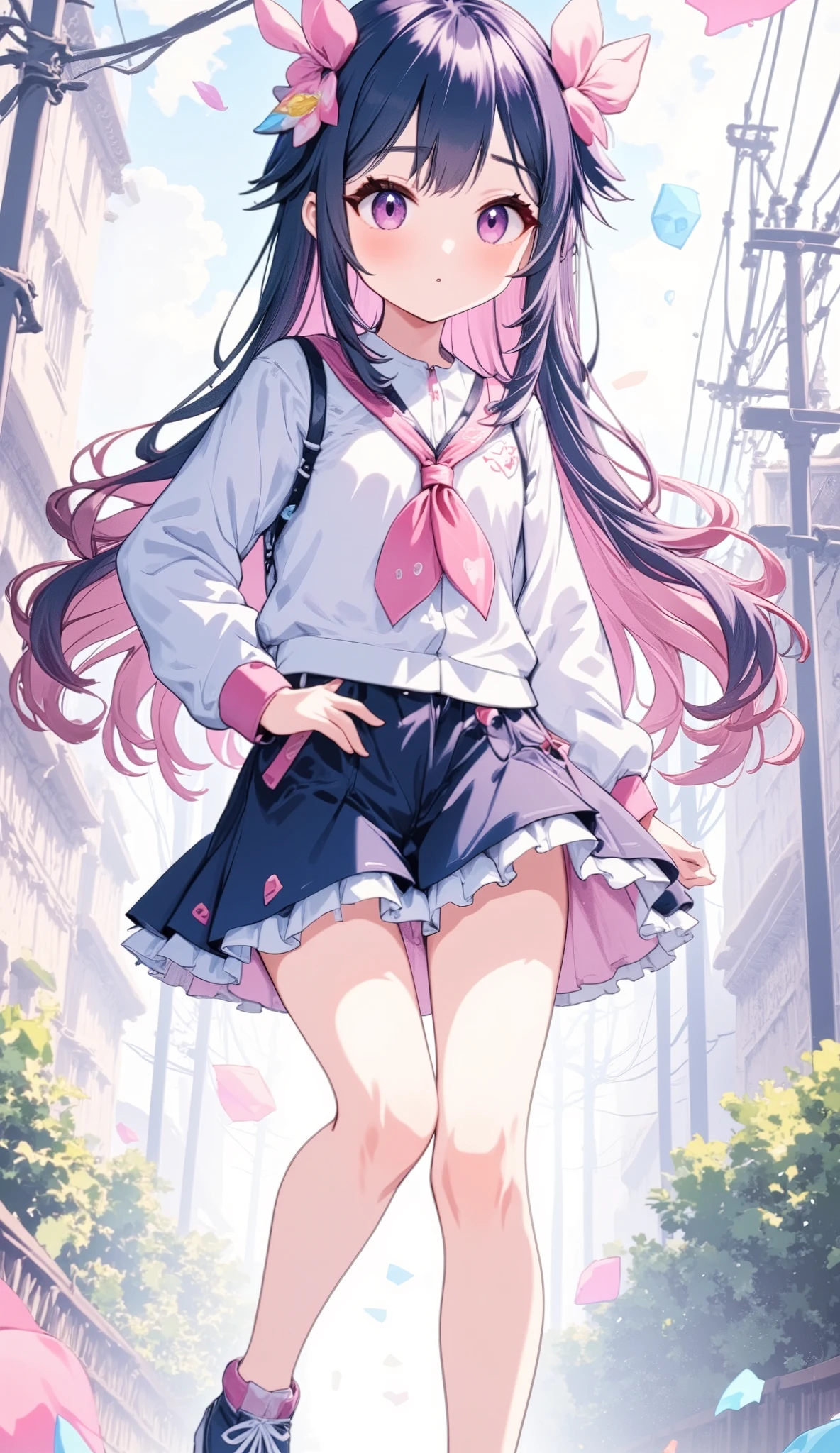 1 girl in the best, about 18 years old、 FRILLED SKIRT、 pink eyes、 smiles, navy hair, anime-style , high resolution, Soft Light , portrait photo , Street Style、 long hair, I put on a flower、 simple background, whole body