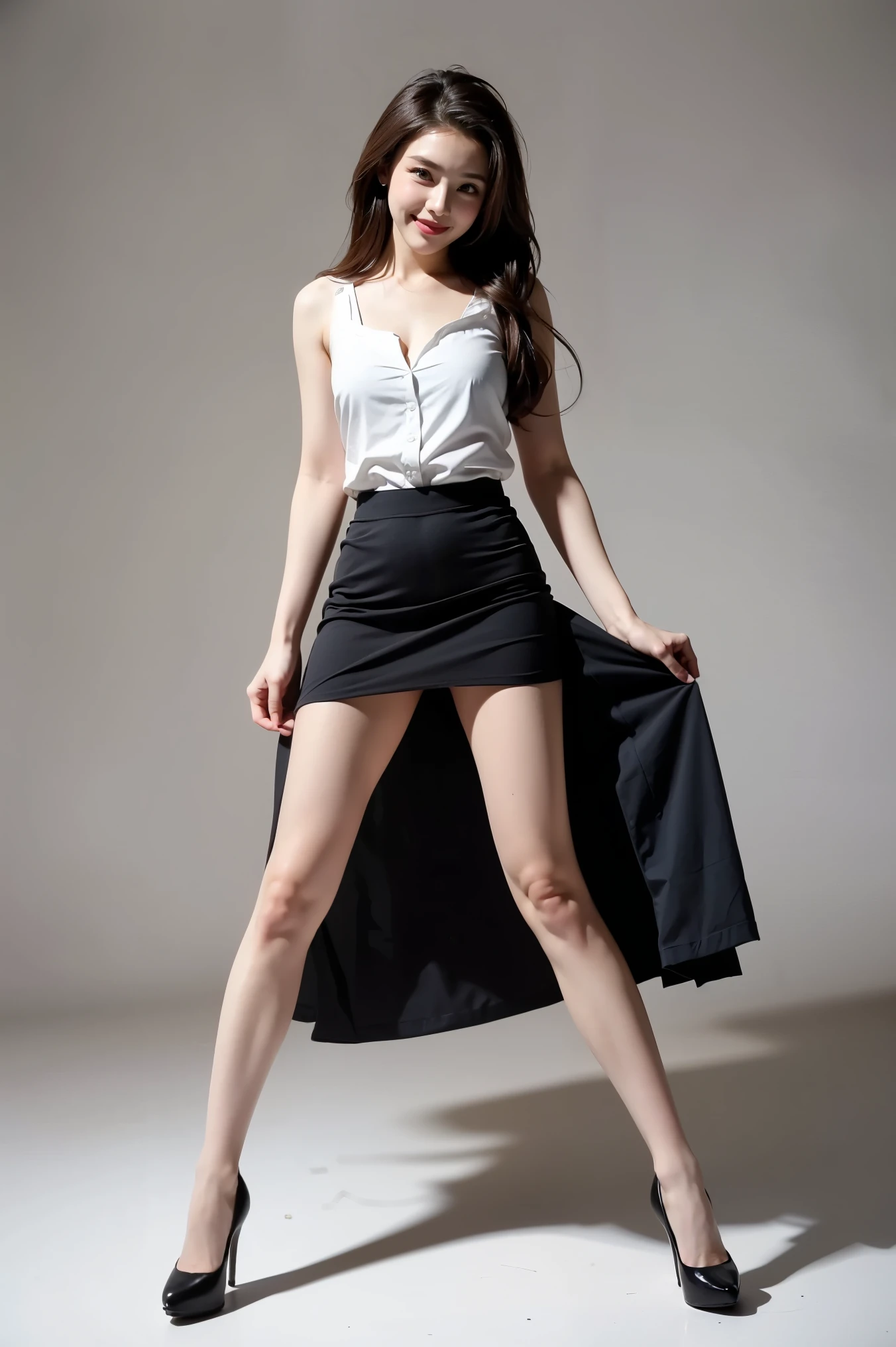 ((masterpiece)),((( top quality ))), Thin Thighs , slender figure:1.5,whole body:1.5, 1 girl :1.3, With a sharp eye:1.5, Pantyhose and high heels :1.5,( long flared skirt posing for a model with legs spread :1.5), Brown disheveled medium length hair :1.2, open your legs wide :1.5,((masterpiece)),((( top quality ))), Thin Thighs , whole body:1.5,( one girl :1.3),( black high heels:1.3), Beautiful blonde:1.2、 posing for a model with legs wide spread :1.5, bright expression :1.5, white beauty around her thighs :1.6, Asahina,