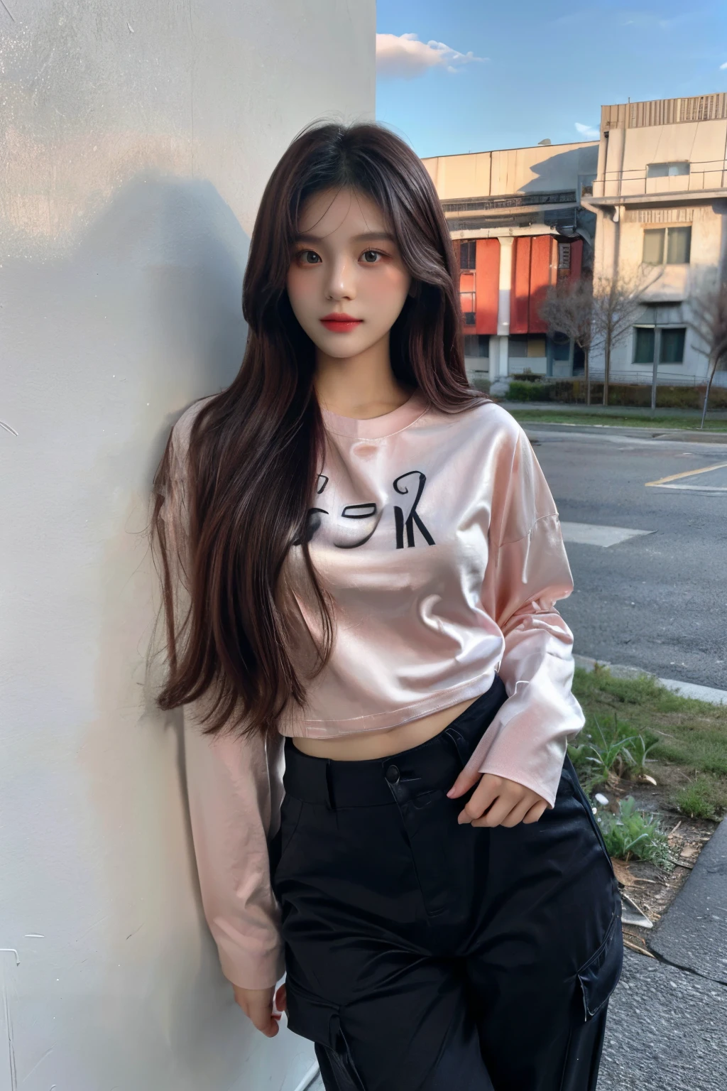 ((Masterpiece, high resolution, ultra detailed, 8k, raw photo, photo-realistic)), 1 girl, graceful, soft skin, delicate face, perfect face, sharp nose, perfect eyes, (lying silkworm), black pink hair colour, long hair, long sleeved t-shirt, cargo pants, ((tight outfit)), random pose, sexy girl