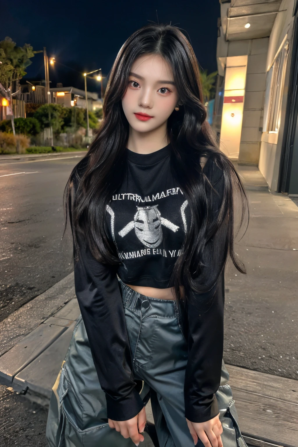 a close up of a person with long hair and gloves on a road, ulzzang, cruel korean goth girl, e - girl, e-girl, korean girl,
