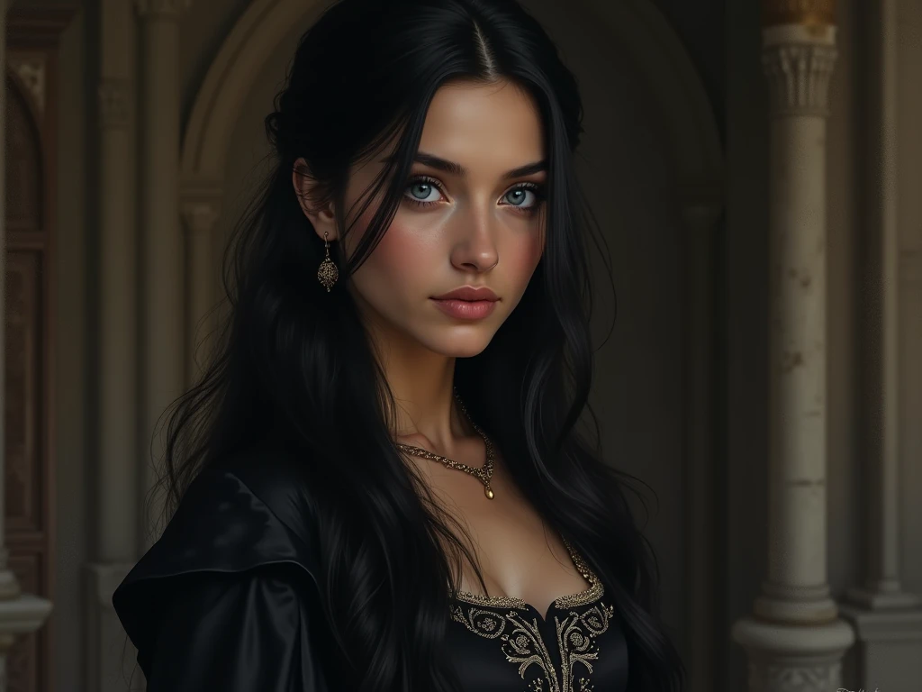 Yennefer of Vengerberg, oil painting portrait, art by Ana Bocek, Michael Komarck, andreas rocha, intricately detailed fluid gouache painting, sensual and alluring, in her 30's, long black hair, stunnigly beautiful, perfect eyes, Procreate, depth of field, ray tracing, whimsical, detailed, highly detailed :: vibrant :::production cinematic character render :: ultra high quality model soft lighting :: mystical indirect light