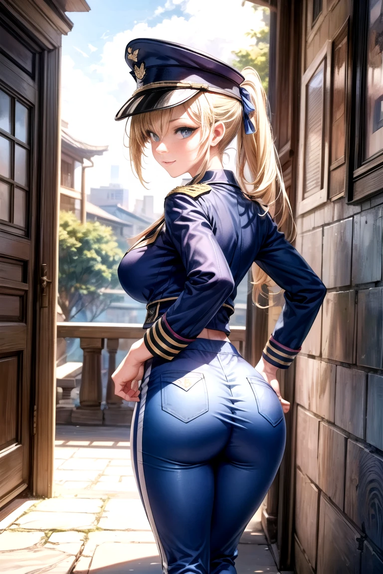 GBReiko,1girl,solo,reiko holinger,standing,ass,from behind,looking back,cowboy shot,bare shoulders,breasts,large breasts,bow,white bow,ribbon,hair ribbon,white ribbon,twintails,short twintails,blonde hair,green eyes,zipper,(blue leotard:1.3),highleg,highleg leotard,belt,loose belt,gloves,red gloves,fingerless gloves,thighhighs,white thighhighs,brown footwear,boots,high heel boots,high heels,<lora:Reiko_Holinger_V1.0:0.7>,outdoors,sky,skyscraper,building,balcony,