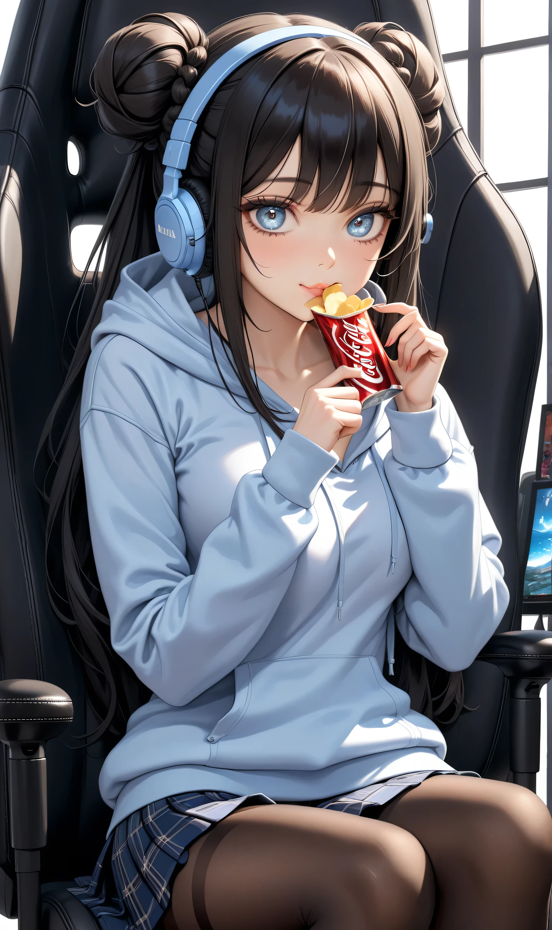 Upper body, Random pose, ((Ultra detailing)), (very aesthetic, best quality, ultra detailed), intricate details, 1girl, Black hair, silver eyes twin bun hair, ,((Detailed eyes)), ((Beautifull eyes)), ((prefect eyes)), long hair, ponytail, , Medium breasts, Licking her lips, ,(wearing Hoodie, Headphone, skirt, pantyhose) Sit on gaming chair, Gaming room, Cola, eating chips,