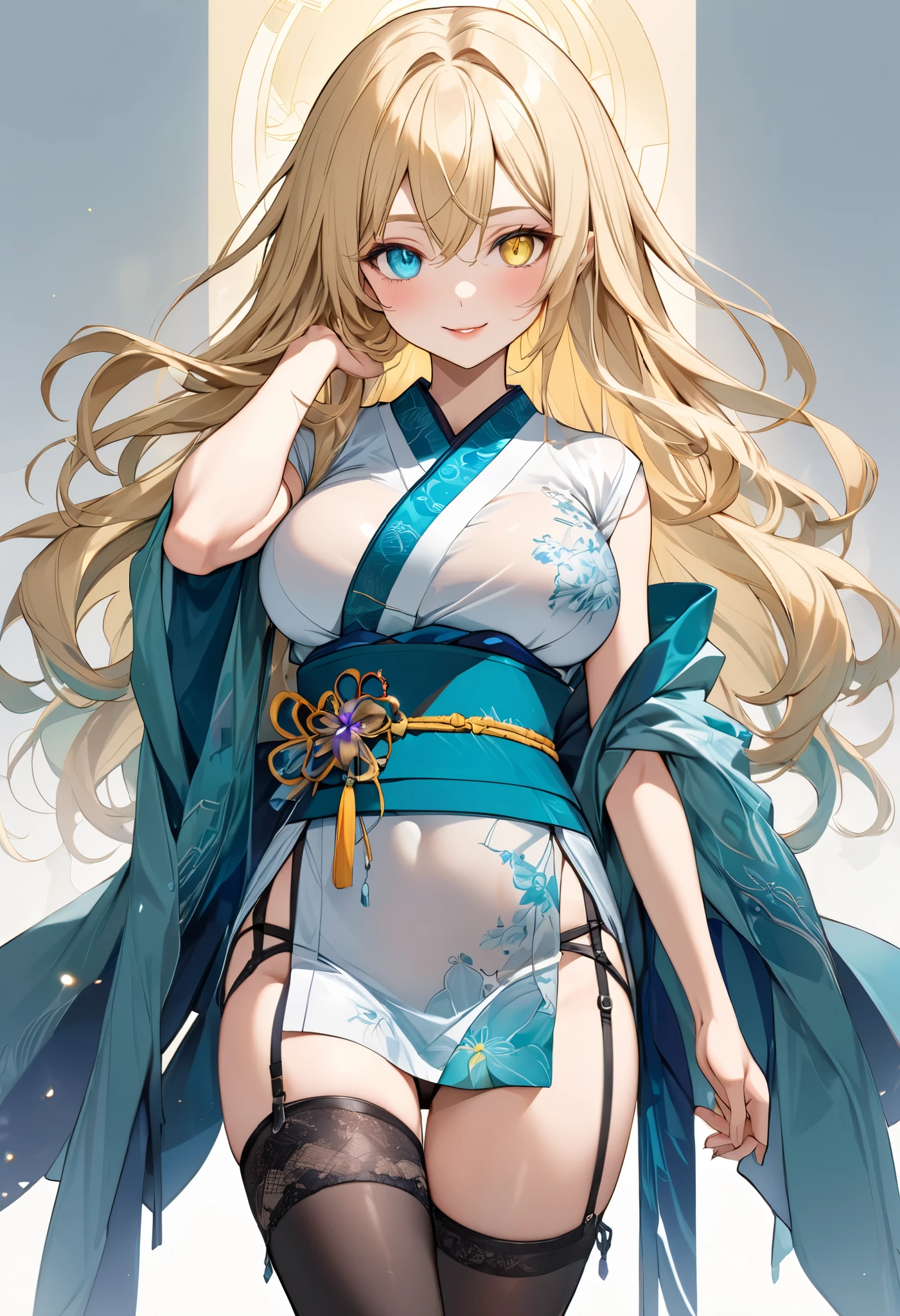 fresh illustration ,
Superfine painting,
very delicate illustration ,
Very fine details ,
1girl ,
( standing)
Height: 158cm,
Alone,
Beige Skin,
Cheeks are ruddy,
((The left iris is yellow and the right iris is medium aquamarine.))
((Complete iris heterochromia )),
beautiful eyes,
large black pupils ,
I have disheveled hair,
blonde,
the tips of the hair are whitish ,
The hair has gradation ,
shiny hair with makeup,
young but beautiful and bewitching face ,
The lips are extremely small,
smiling ,
A small, shining halo is floating above her head.,
the tips of the eyebrows are slightly lowered ,
the upper body is worn in kimono ,
mega breastsは柔らかそう,
Slim waist,
thin legs ,
The lower half of her body is covered in a long, transparent Chinese dress-like garment with slits on both sides of her waist.,
The color of the obi is red ,,
The obi is tastefully embroidered with silver thread.,
fine fabric clothing ,
Thong underwear,
garter belt,
stockings,
the thigh strap cuts into the skin ,
Are the tips of long boots Japanese style,
Isometric,
golden ratio,
god々 atmosphere,
She is wearing a stand-up collared undershirt.,
tactical use of shadows ,
the ring of the head and hair fit inside the frame ,
Clothes fit inside the frame ,
(( full shot))
facing the front,