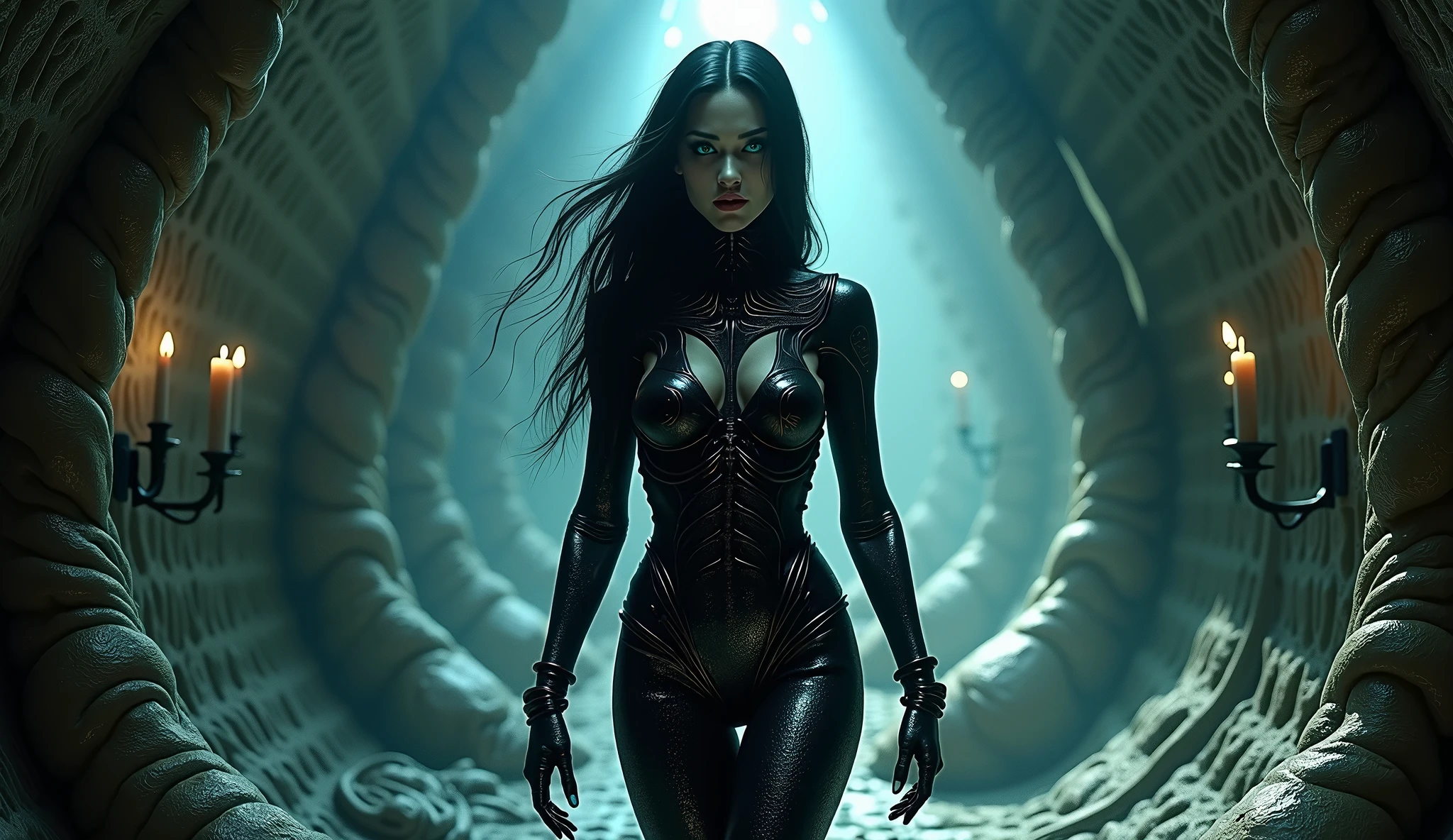 An ultrarealistic full body with big photo of woman in liquid fighting venom symbiote, black venom symbiote tentacles, laying deep in dark black liquid, long hair, big , evil glowing eyes, showing belly and thighs, hyper realistic, 8k,asophie rain , femme,, a, combinaison, à, tentacules ,enveloppé dans des tentacules noirs, belle femme poulpe, déesse sombre , tentacle penetrating , woman have big with H size tentacle eat her