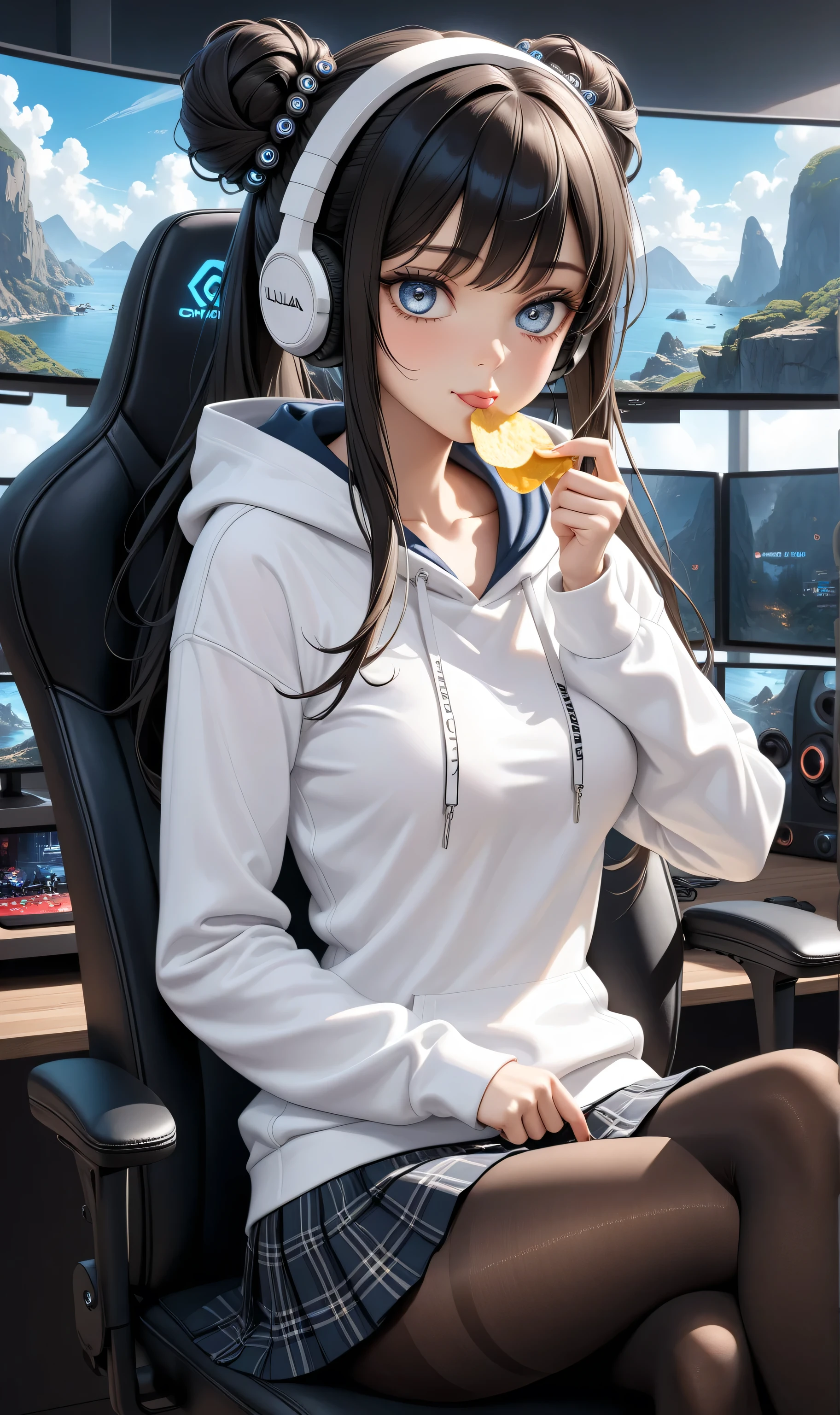 Upper body, Random pose, ((Ultra detailing)), (very aesthetic, best quality, ultra detailed), intricate details, 1girl, Black hair, silver eyes twin bun hair, ,((Detailed eyes)), ((Beautifull eyes)), ((prefect eyes)), long hair, ponytail, , Medium breasts, Licking her lips, ,(wearing Hoodie, Headphone, skirt, pantyhose) Sit on gaming chair, Gaming room, eating chips,