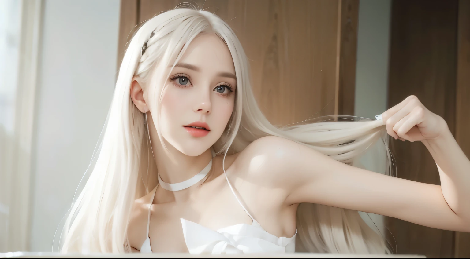 Blonde woman with white hair and bangs holding a hair dryer.,  long white hair and bangs, with long white hair, with  long white hair, white hime haircut, long and straight white hair, long white hair, detailed long white hair,  white fringe , beautiful white hair, for white straight hair, girl with white hair,  long white hair, intense white hair, pale porcelain white skin