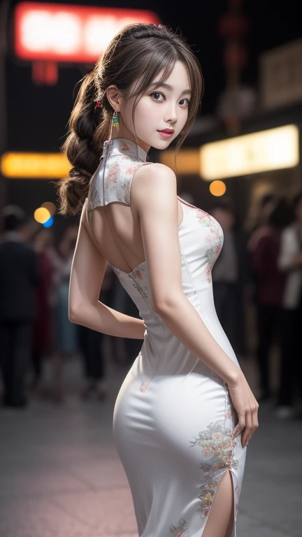 (a closeup:1.4)、(Raw photography:1.2)、(Photorealsitic:1.4)、(masterpiece:1.3)、(top-quality:1.4)、(Beautiful woman with perfect body:1.4)、depth of fields、Cinematic Light、lensflare、Ray tracing、(charming big eyes)、(beautiful double eyelid)、(beautiful and detailed face)、(Beautiful lips)、intricate detail face、(Ultra detailed skin)、cute Japanese girls、1 girl in、独奏、 (Very slim and slender due to muscular body:1.3)、(Big smile:1.3)、(Fashion Night)、a dark night、(Neon Light Sign)、(Blurred background)、(Fashion Street Night)、Beautiful earrings、bangle、pantyhose、(pale skin)、(Silk cheongsam:1.3)、(tight dresses)、(look at viewr)、(large full breasts:1.3)、cleavage of the breast、beautiful small ass、Very slim、back tracking、(Back shot)、(Tight Dress)、beautiful thigh、rimless eyewear、Beautiful ponytail、
