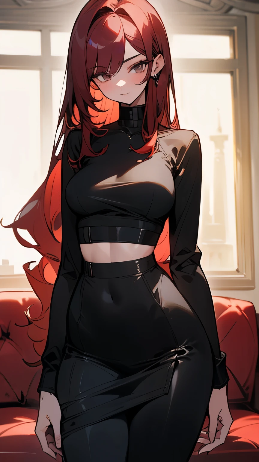 1girl, (hot girl), wide legs, big breasts, medium ass, (Best Quality, 8k, Masterpiece: 1.3), Clear Focus: 1.2, Perfect Body Beauty: 1.4, Slender Abs: 1.2 , (skinny-voluptuous body shape), Highly detailed face and skin texture, detailed eyes, double eyelids, (long hip-length maroon hair), (long-sleeve shirt and skirt over leggings), (standing), living room, (hypnotically seductive look on face), (5ft 6 inches tall)