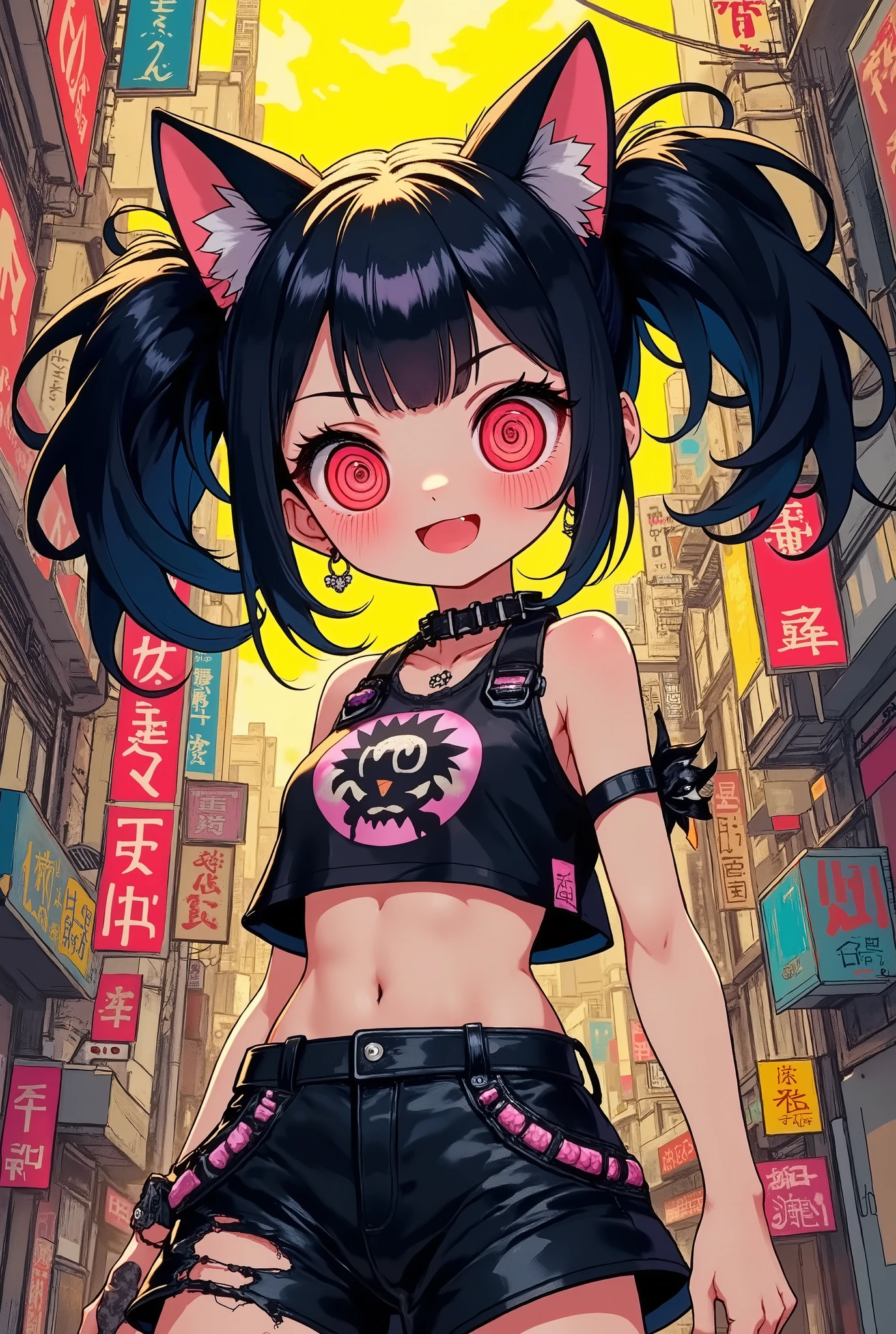 (masterpiece, best quality:1.2),solo,a cute evil punk cat girl,/(big eyes,red eyes,circle pattern of her eyes,details of eyes,fluffy black cat-ear,black hair,twin tails hair,pale skin,simple cyber punk clothes,casual style),cheerful girl,happy and fun atmosphere,cyberpunk city background,strong color,stylish anime illustration,hand draw illustration,dynamic scence