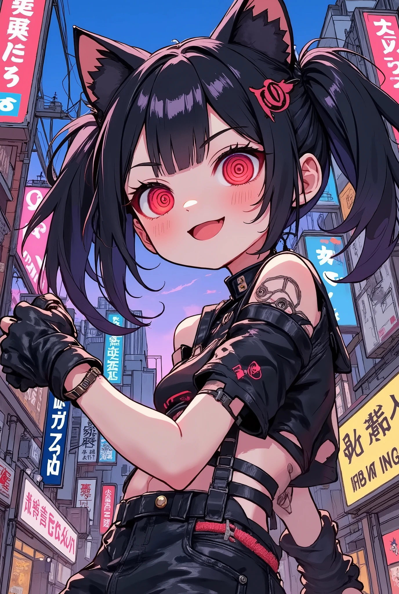 (masterpiece, best quality:1.2),solo,a cute evil punk cat girl,/(big eyes,red eyes,circle pattern of her eyes,details of eyes,fluffy black cat-ear,black hair,twin tails hair,pale skin,simple cyber punk clothes,casual style),cheerful girl,happy and fun atmosphere,cyberpunk city background,strong color,stylish anime illustration,hand draw illustration,dynamic scence