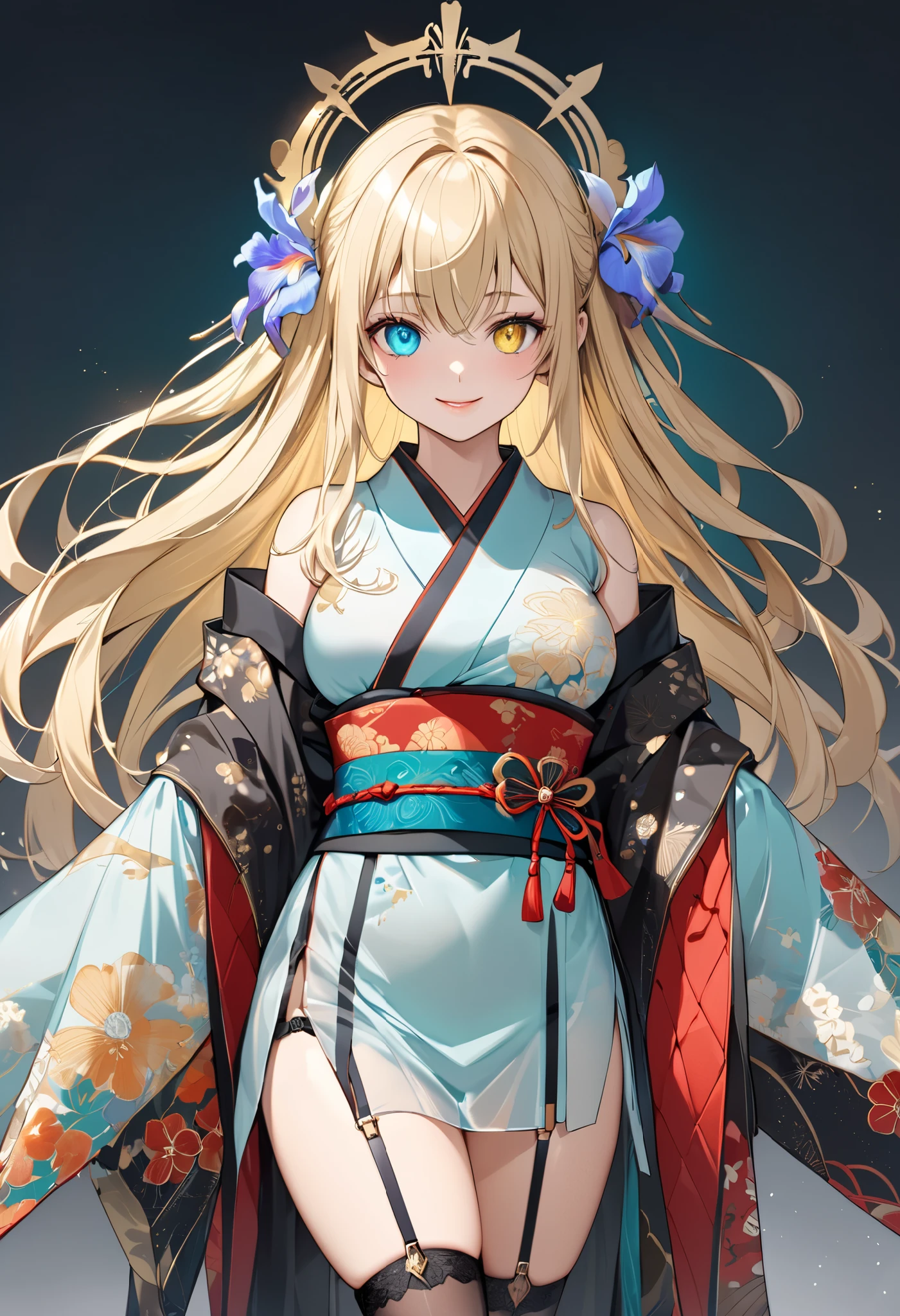 fresh illustration ,
Superfine painting,
very delicate illustration ,
Very fine details ,
1girl ,
( standing)
Height: 158cm,
Alone,
Beige Skin,
Cheeks are ruddy,
((The left iris is yellow and the right iris is medium aquamarine.))
((Complete iris heterochromia )),
beautiful eyes,
large black pupils ,
I have disheveled hair,
blonde,
the tips of the hair are whitish ,
The hair has gradation ,
shiny hair with makeup,
young but beautiful and bewitching face ,
The lips are extremely small,
smiling ,
A small, shining halo is floating above her head.,
the tips of the eyebrows are slightly lowered ,
the upper body is worn in kimono ,
mega breastsは柔らかそう,
Slim waist,
thin legs ,
The lower half of her body is covered in a long, transparent Chinese dress-like garment with slits on both sides of her waist.,
The color of the obi is red ,,
The obi is tastefully embroidered with silver thread.,
fine fabric clothing ,
Thong underwear,
garter belt,
stockings,
the thigh strap cuts into the skin ,
Are the tips of long boots Japanese style,
Isometric,
golden ratio,
god々 atmosphere,
She is wearing a stand-up collared undershirt.,
tactical use of shadows ,
the ring of the head and hair fit inside the frame ,
Clothes fit inside the frame ,
(( full shot))
facing the front,