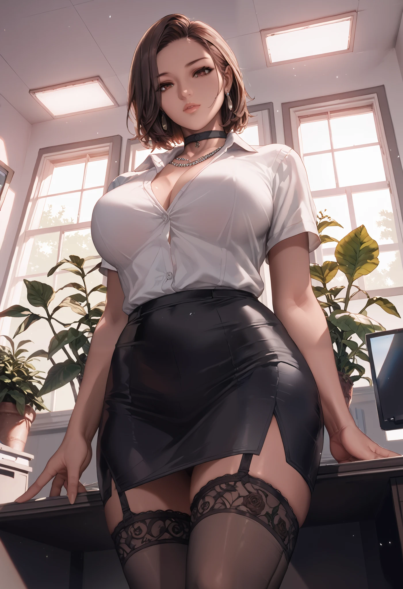 a woman in the office room, a white wall, a grey table, plants, window, sexy poseasterpiece))), ((best quality)), ((intricate detailed)), ((Hyperrealistic)), absurd res, milf, mature woman, perspective, highly detailed, illustration, 1girl, ((big breasts)), perfect hands, detailed fingers, beautiful detailed eyes, short hair, brown eyes, CEO, (business outfit:1.2), open office shirt, tight skirt, black choker, earrings, stockings, detailed background, bedroom, perfect eyes, seductive eyes, looking at the viewer, from below