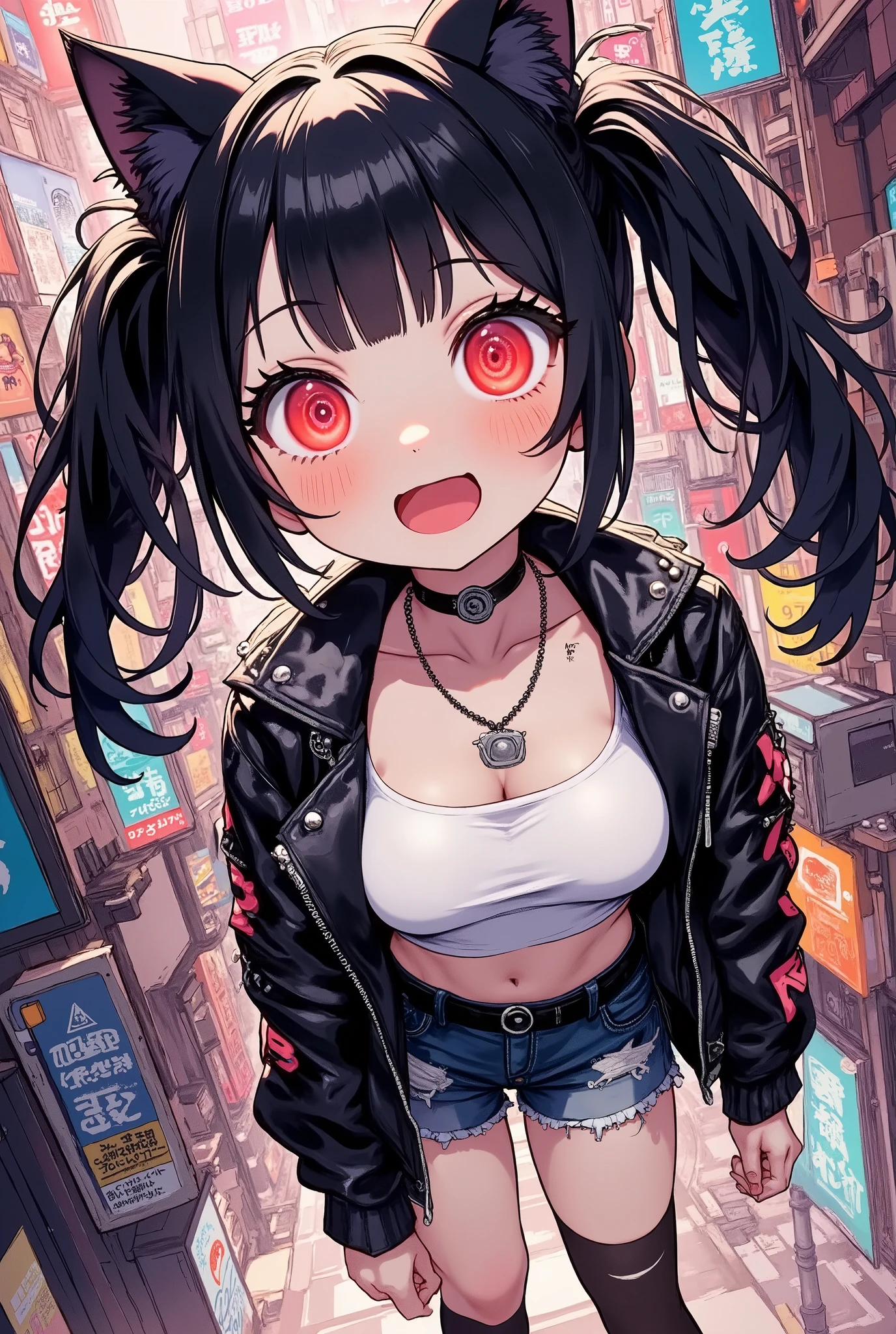 (masterpiece, best quality:1.2),solo,a cute evil punk cat girl,/(big eyes,red eyes,circle pattern of her eyes,details of eyes,fluffy black cat-ear,black hair,twin tails hair,pale skin,simple cyber punk clothes,casual style),cheerful girl,happy and fun atmosphere,cyberpunk city background,strong color,stylish anime illustration,hand draw illustration,dynamic scene