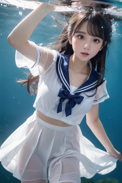 (see-through:1.3),white serafuku,sailor dress, white theme,school uniform, sailor suit, looking at viewer, insanity, messy long hair, beautiful detailed eyes,Hair glows,dramatic angle,blue sailor collar, perky breasts,light smile,partially underwater shot...
