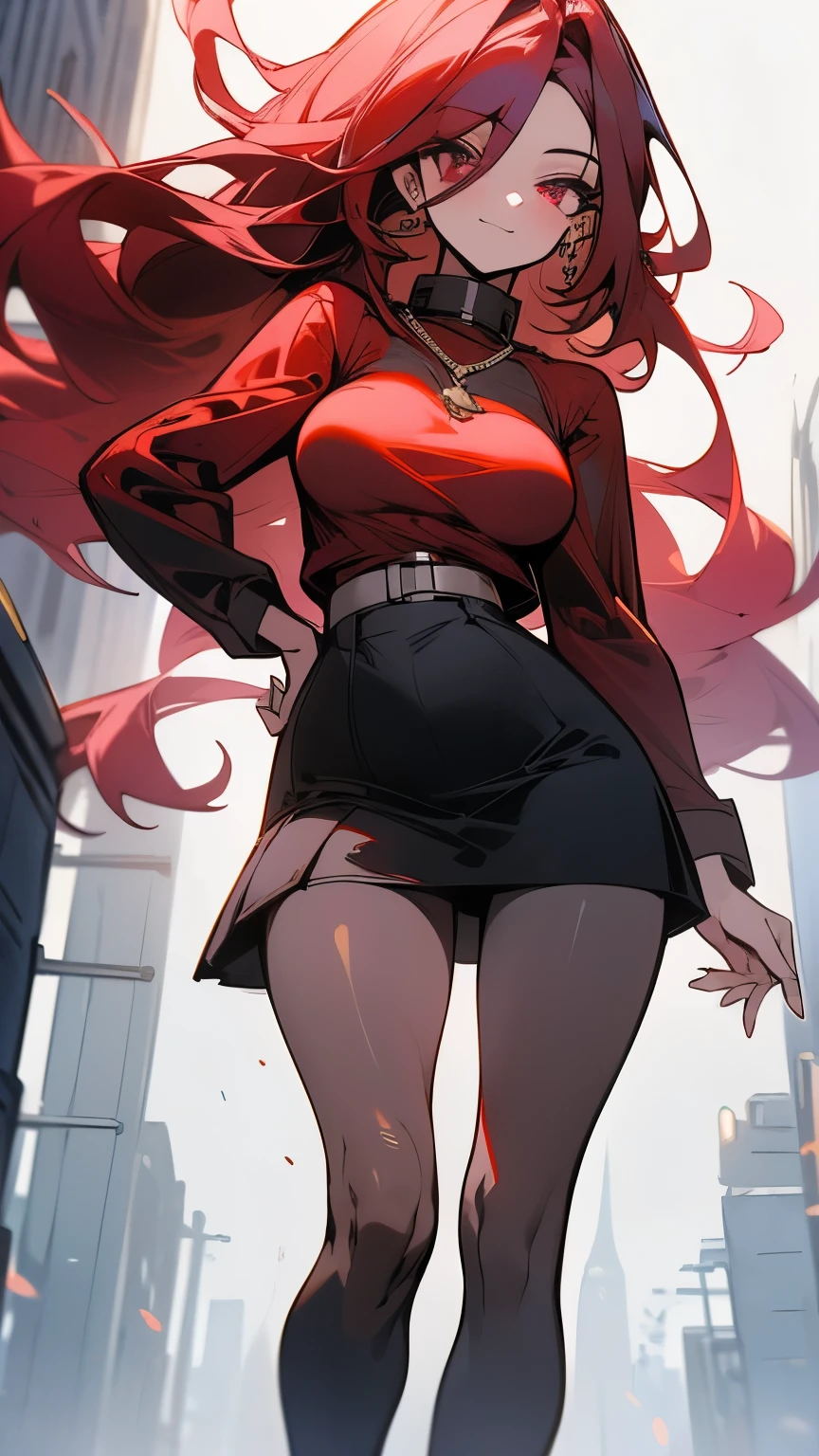 1girl, (hot girl), wide hips, wide legs, big breasts, medium ass, (Best Quality, 8k, Masterpiece: 1.3), Clear Focus: 1.2, Perfect Body Beauty: 1.4, Slender Abs: 1.2 , (skinny-voluptuous body shape), Highly detailed face and skin texture, detailed eyes, double eyelids, (long hip-length maroon hair), (long-sleeve shirt and tight skirt over leggings), (walking down street), (hypnotically seductive look on face), (5ft 6 inches tall)